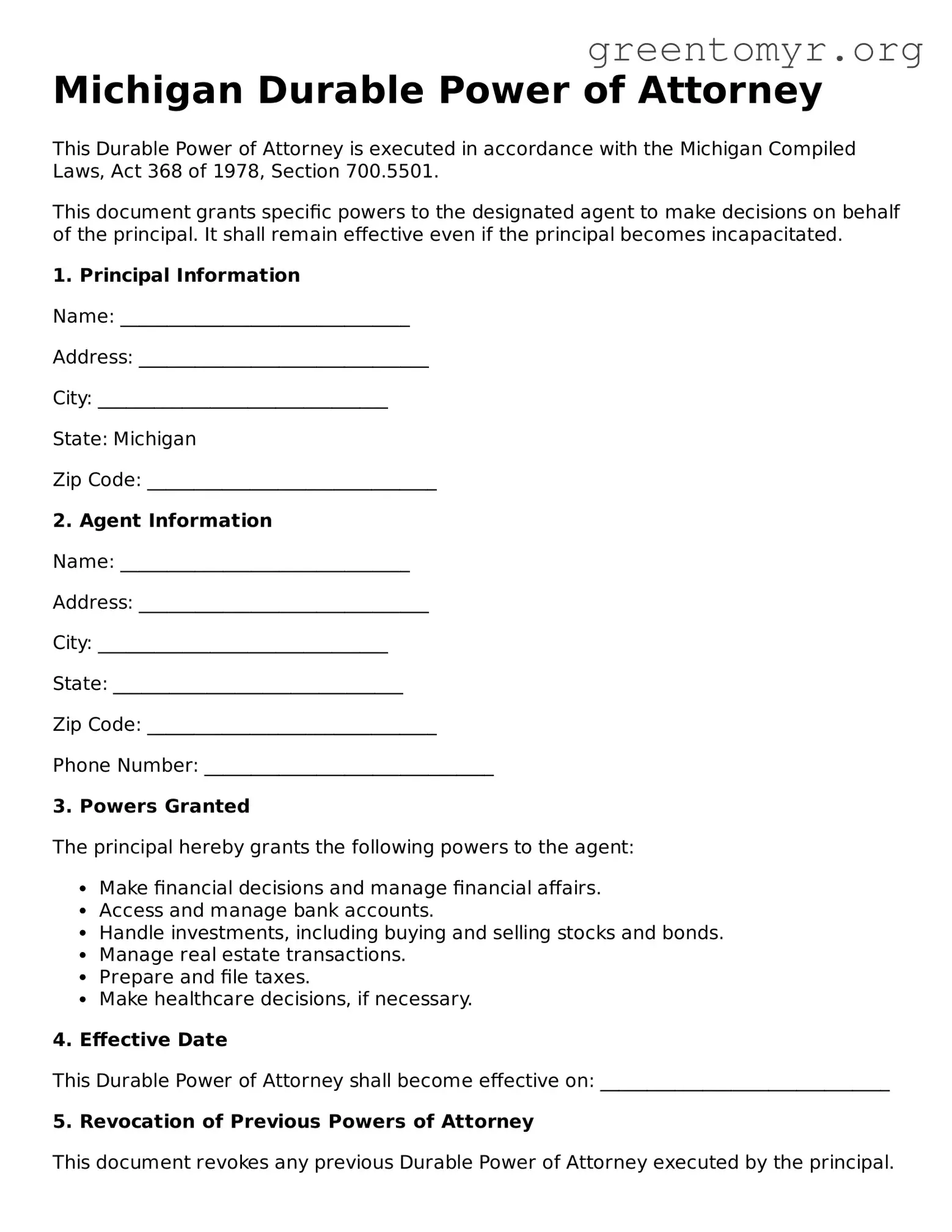 Durable Power of Attorney Form for the State of Michigan