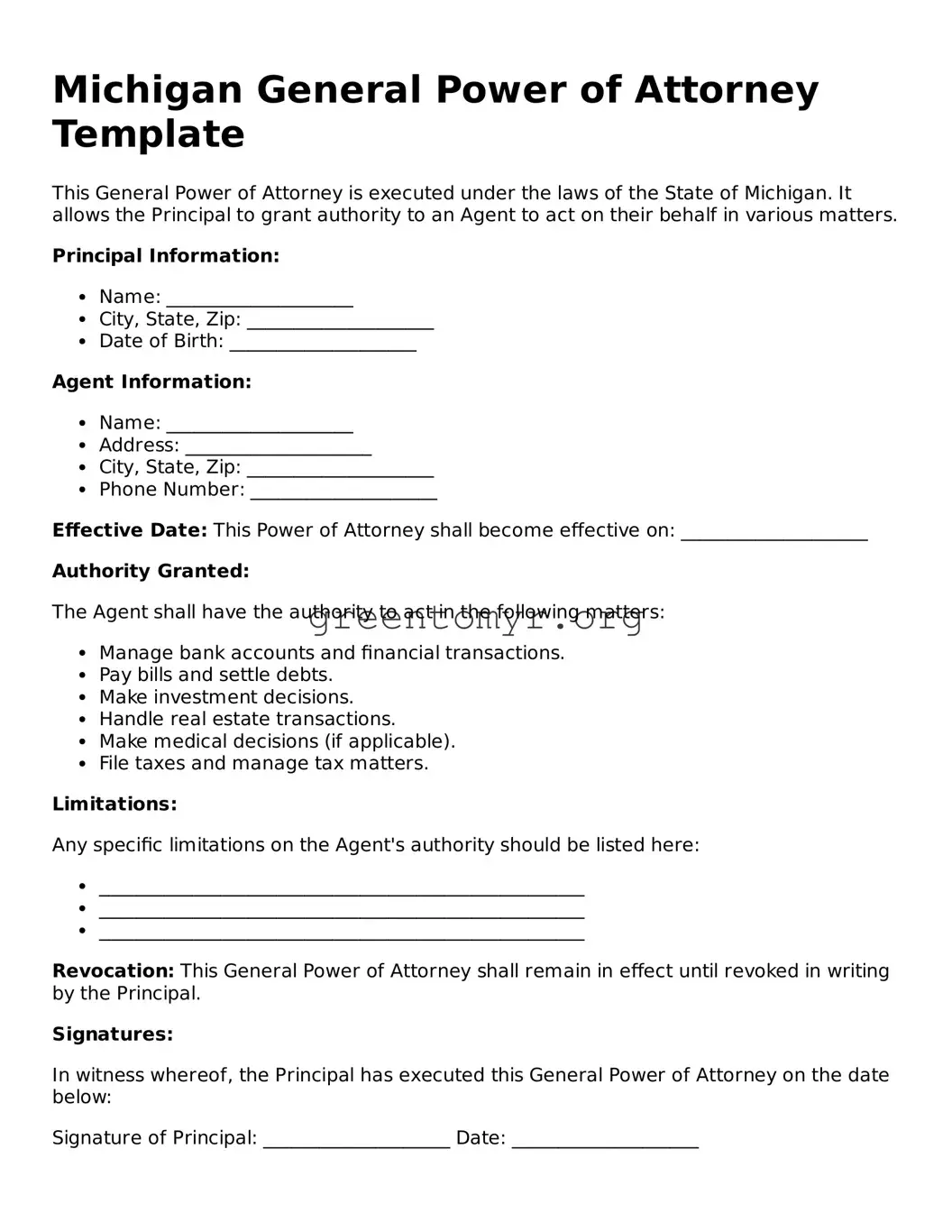 General Power of Attorney Form for the State of Michigan