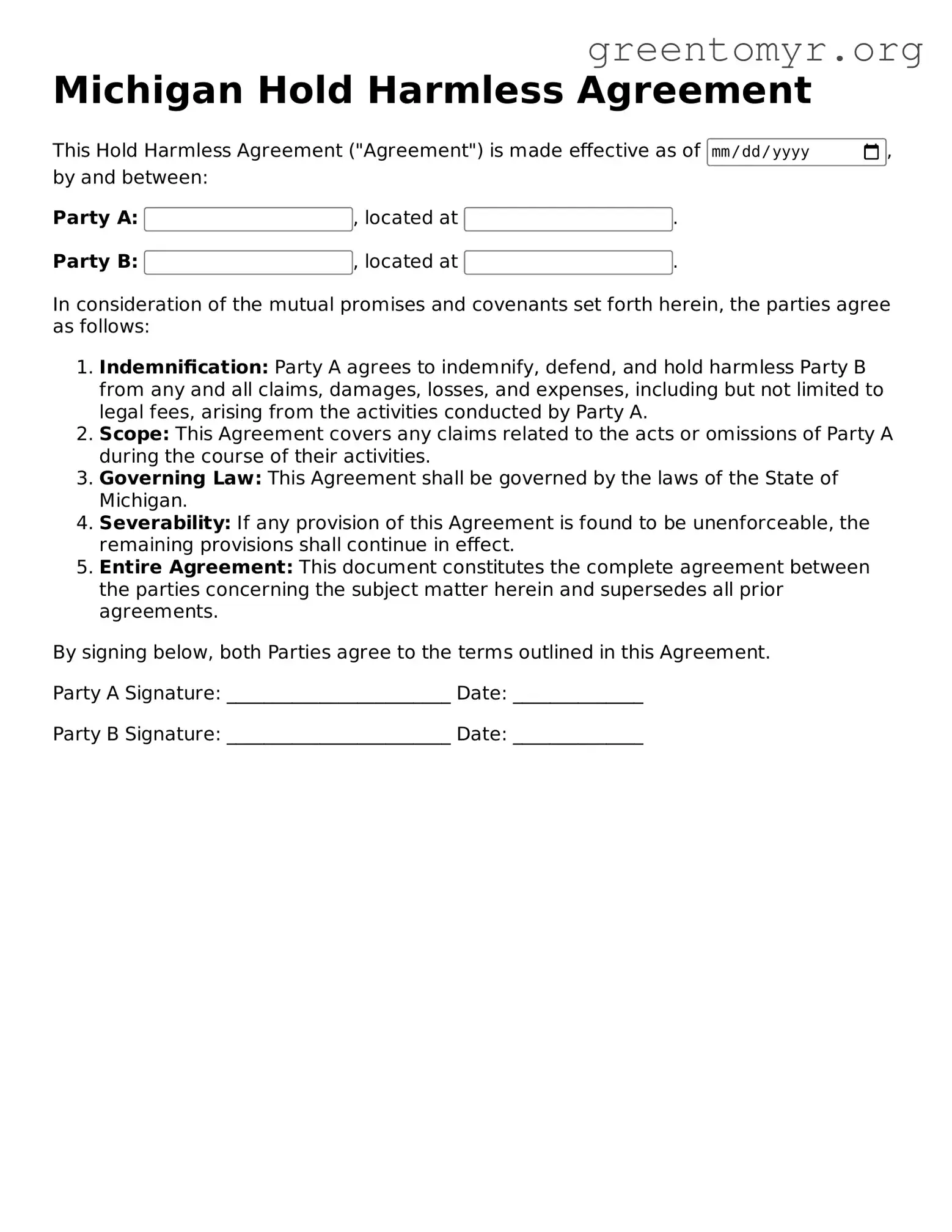 Hold Harmless Agreement Form for the State of Michigan
