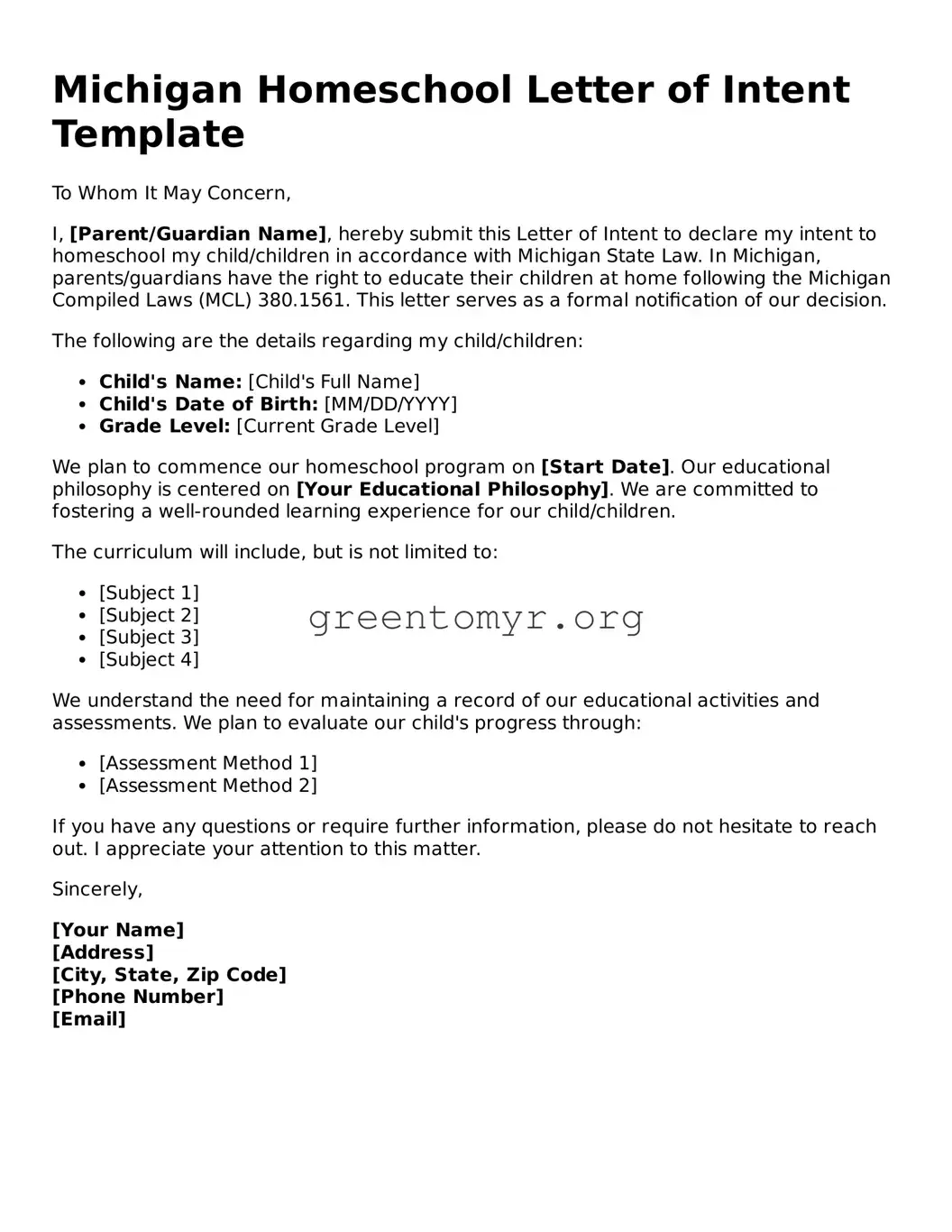 Homeschool Letter of Intent Form for the State of Michigan