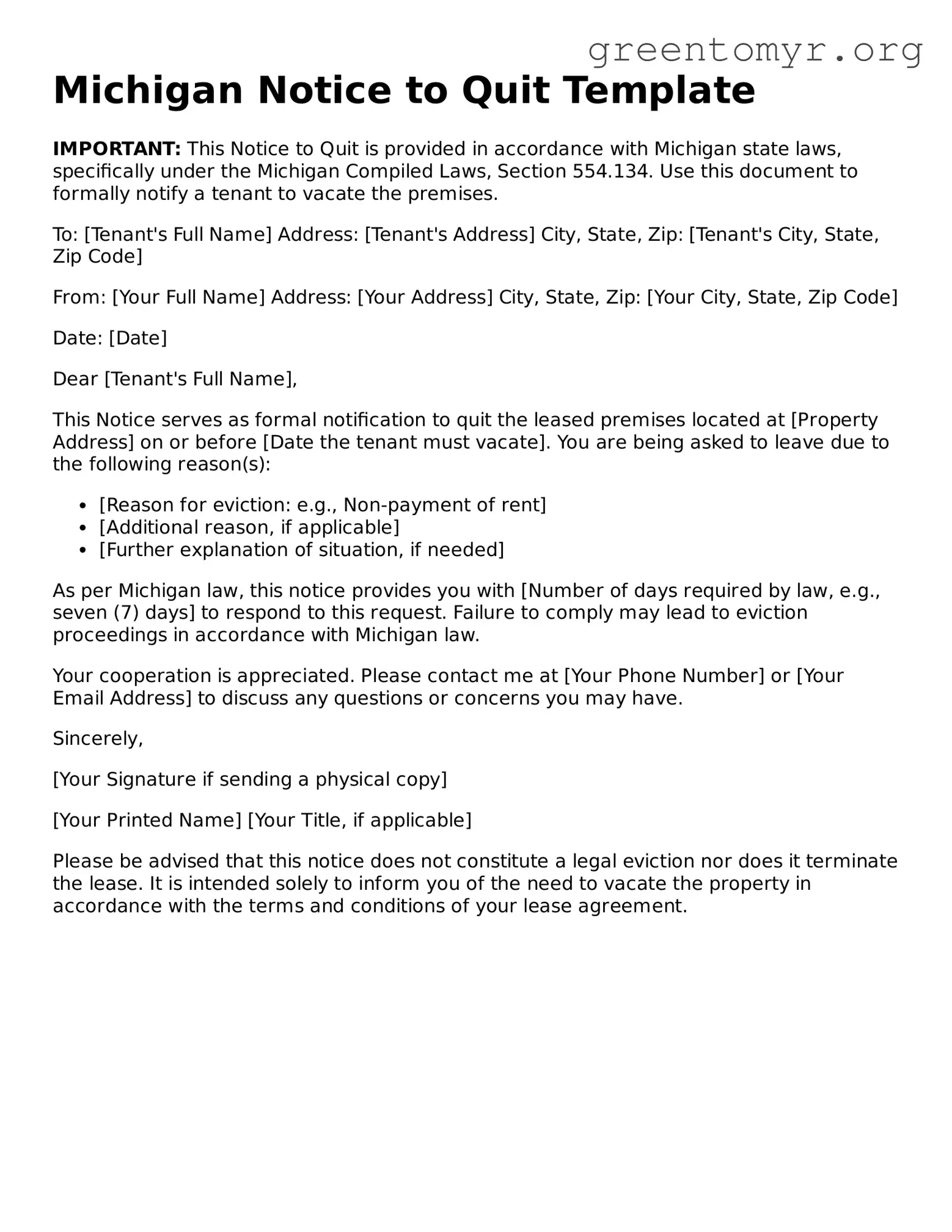 Notice to Quit Form for the State of Michigan