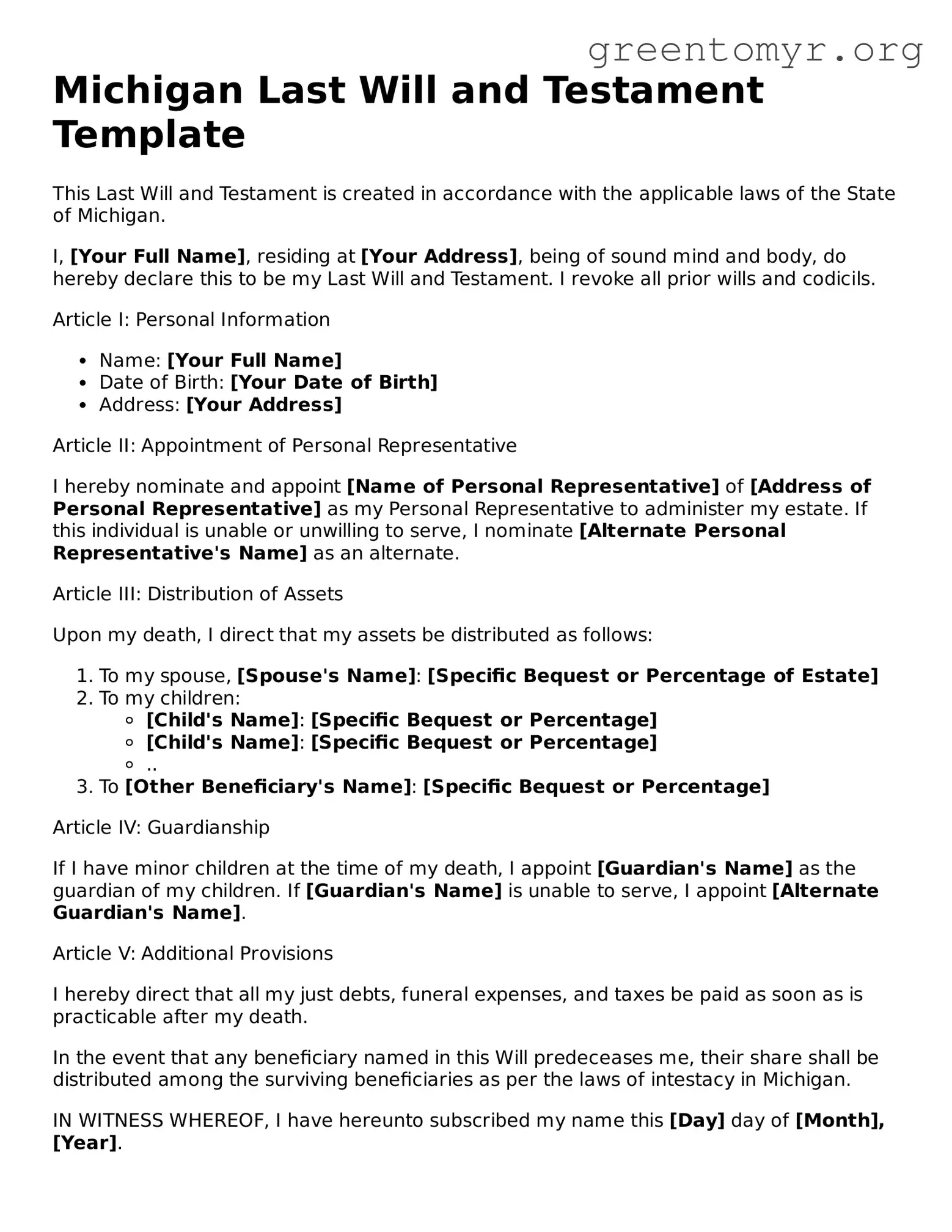 Last Will and Testament Form for the State of Michigan