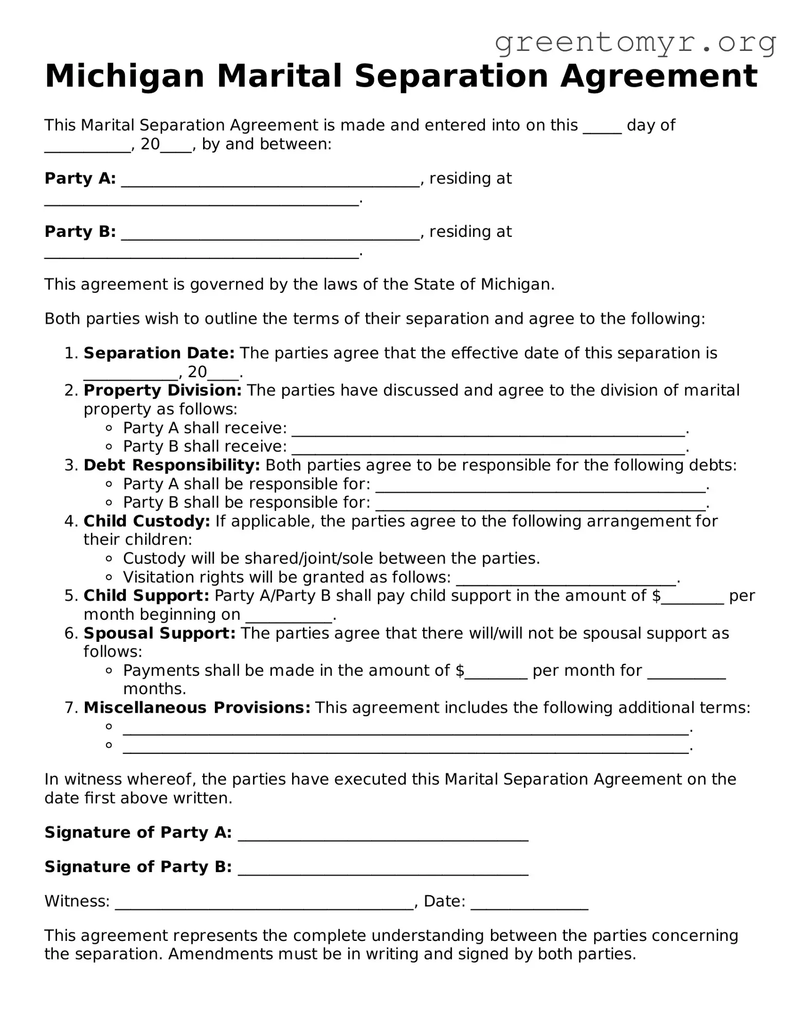 Marital Separation Agreement Form for the State of Michigan