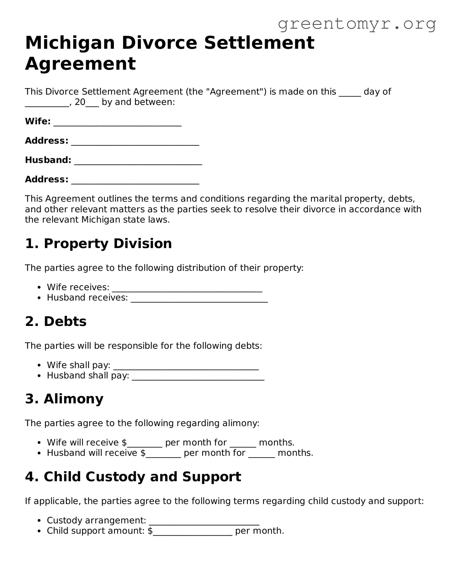 Divorce Settlement Agreement Form for the State of Michigan