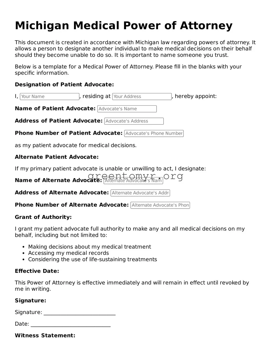 Medical Power of Attorney Form for the State of Michigan