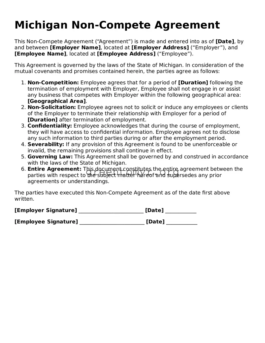 Non-compete Agreement Form for the State of Michigan
