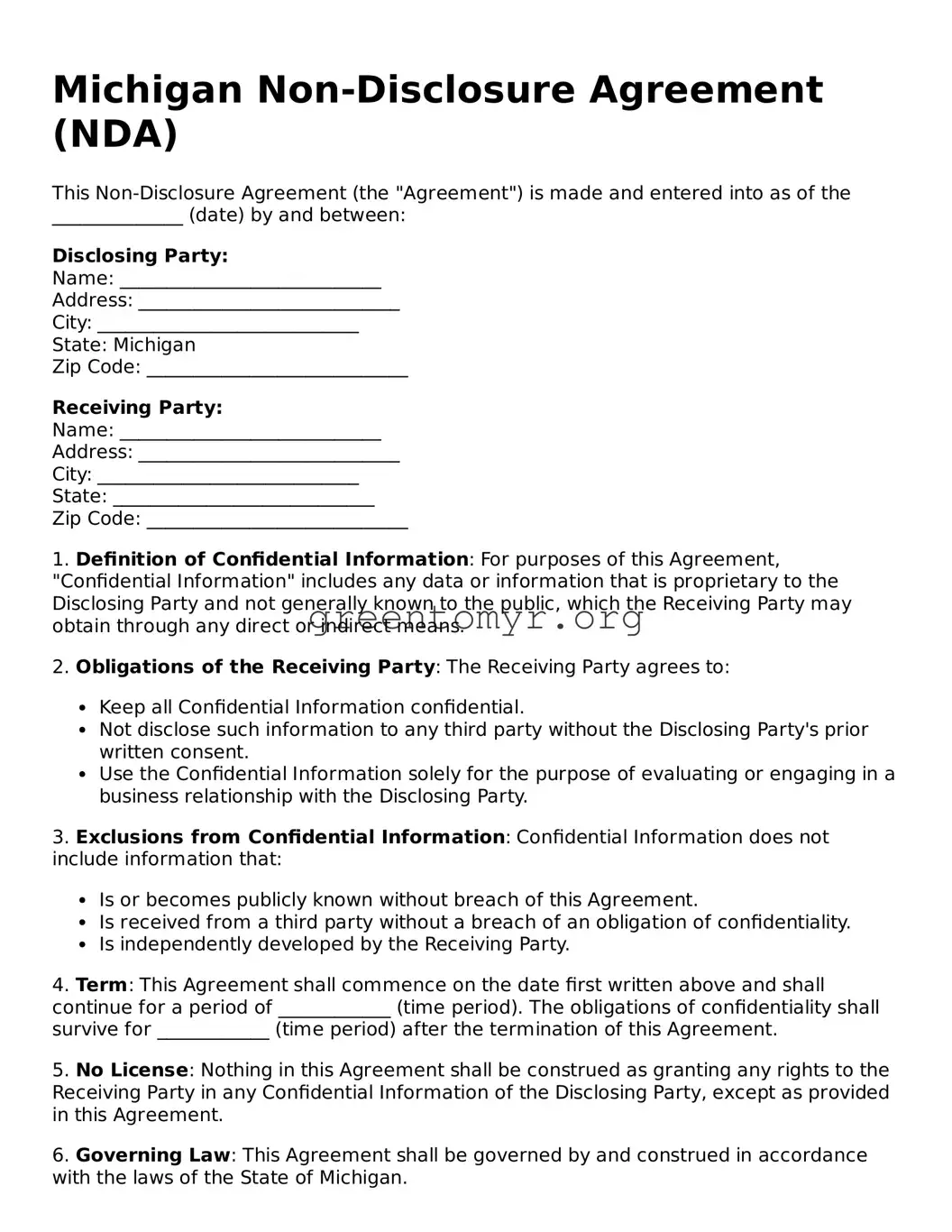 Non-disclosure Agreement Form for the State of Michigan