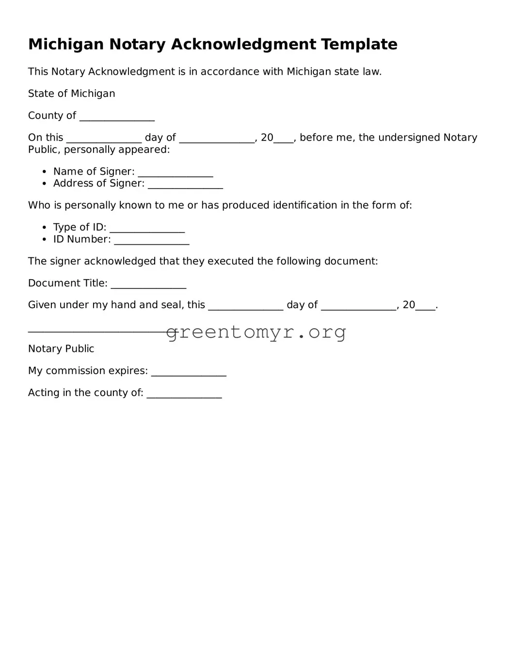 Notary Acknowledgement Form for the State of Michigan