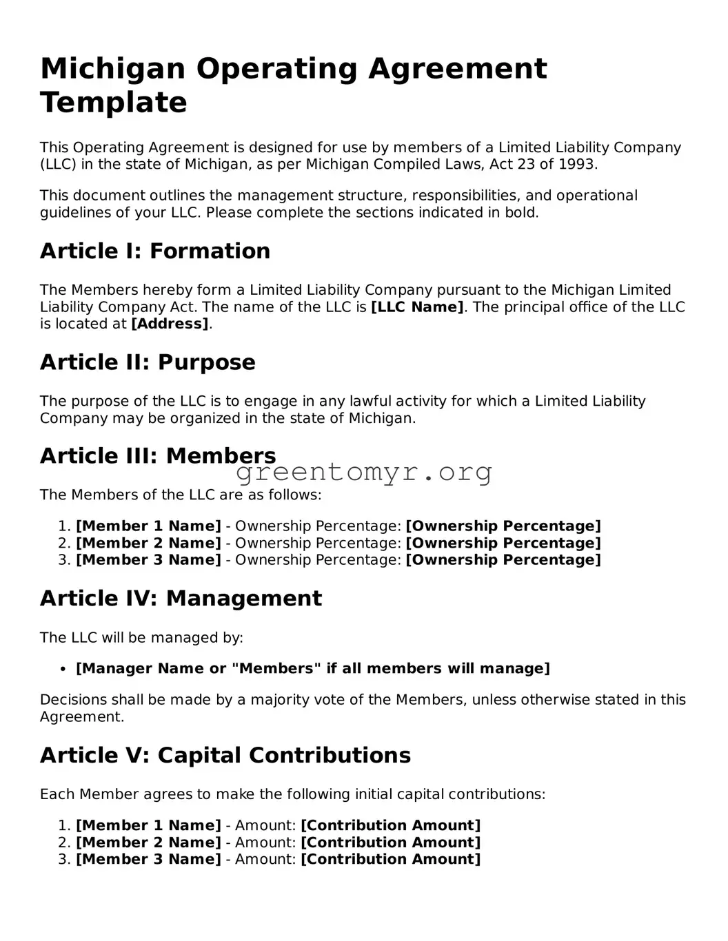 Operating Agreement Form for the State of Michigan