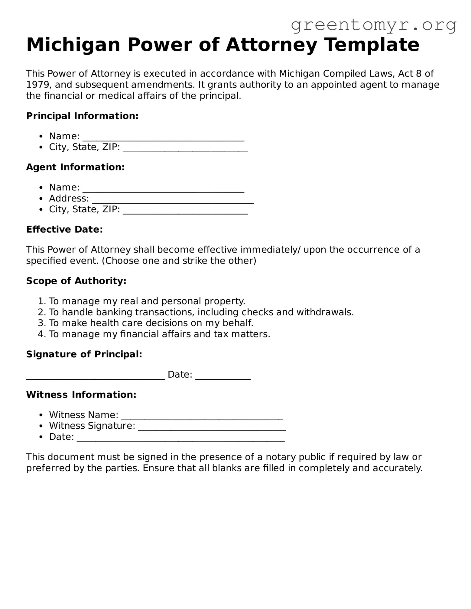 Power of Attorney Form for the State of Michigan