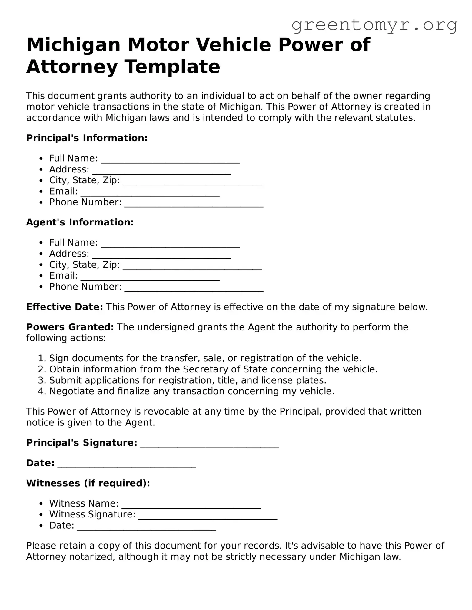 Motor Vehicle Power of Attorney Form for the State of Michigan