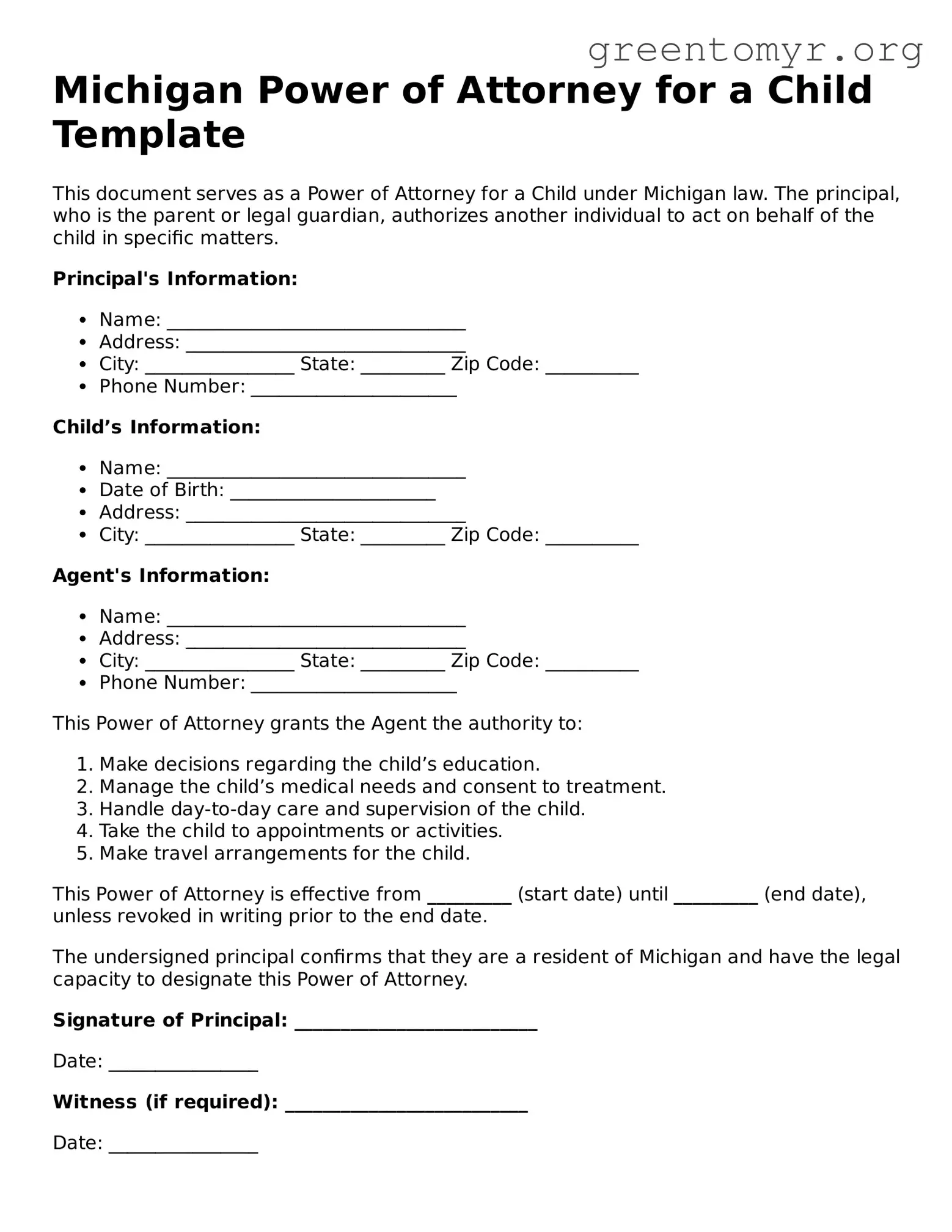 Power of Attorney for a Child Form for the State of Michigan