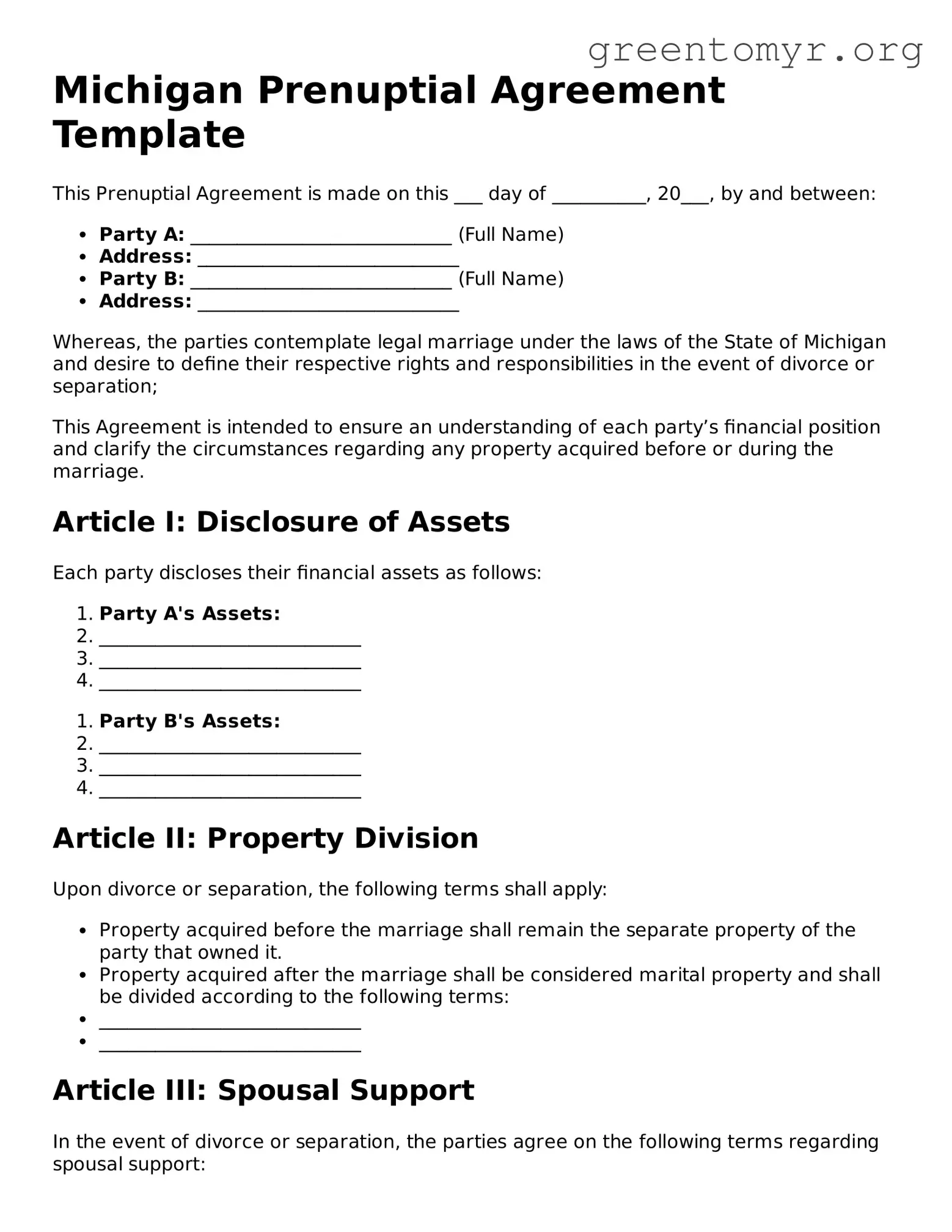 Prenuptial Agreement Form for the State of Michigan