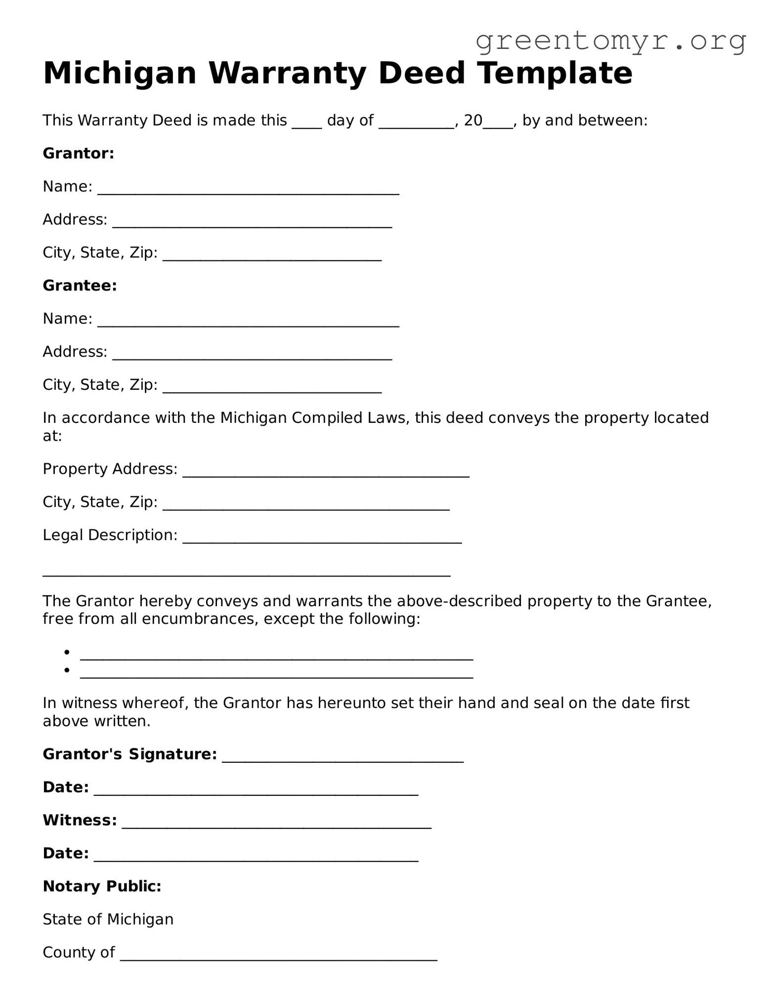 Deed Form for the State of Michigan