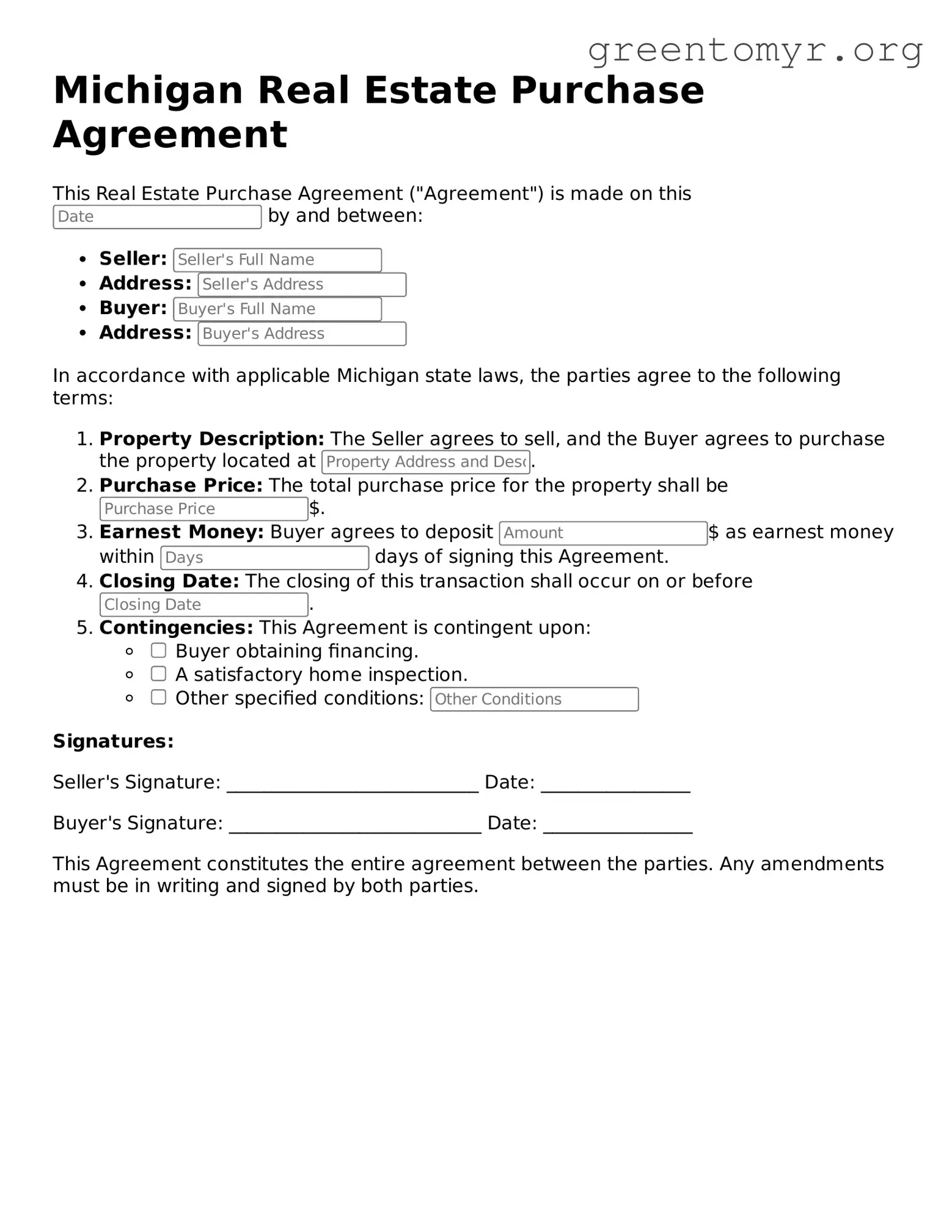 Real Estate Purchase Agreement Form for the State of Michigan