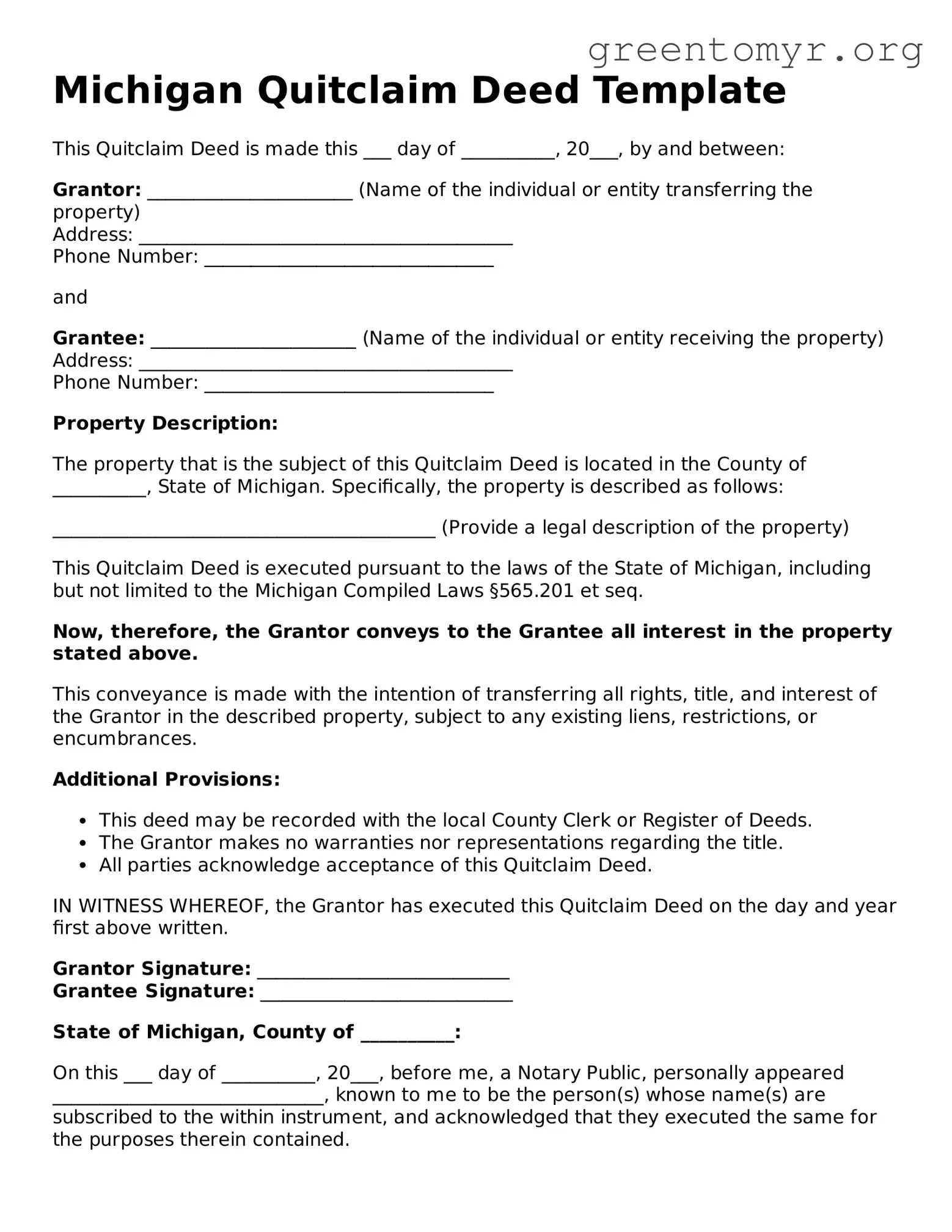 Quitclaim Deed Form for the State of Michigan