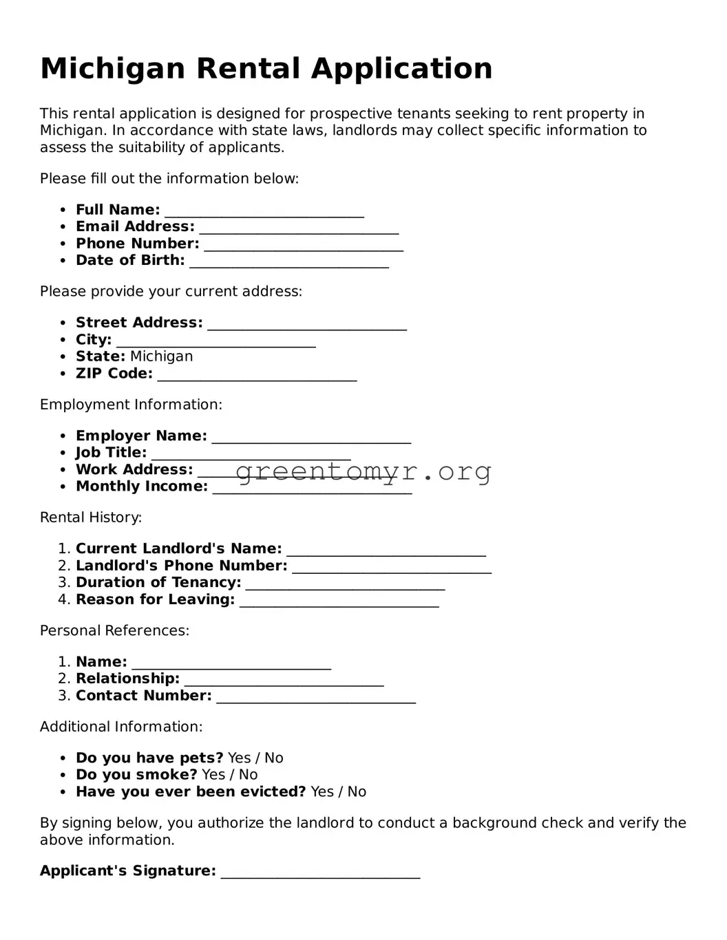 Rental Application Form for the State of Michigan