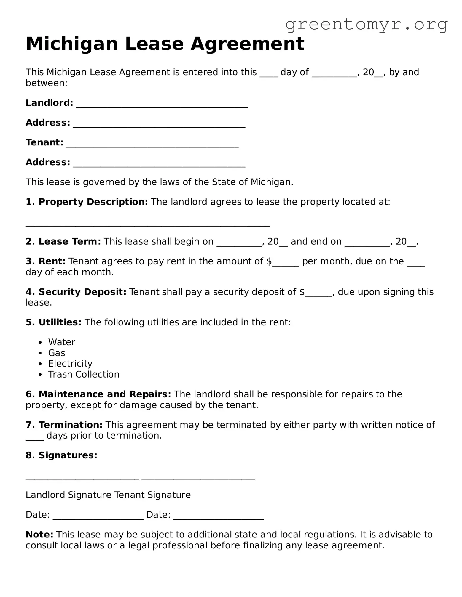 Lease Agreement Form for the State of Michigan