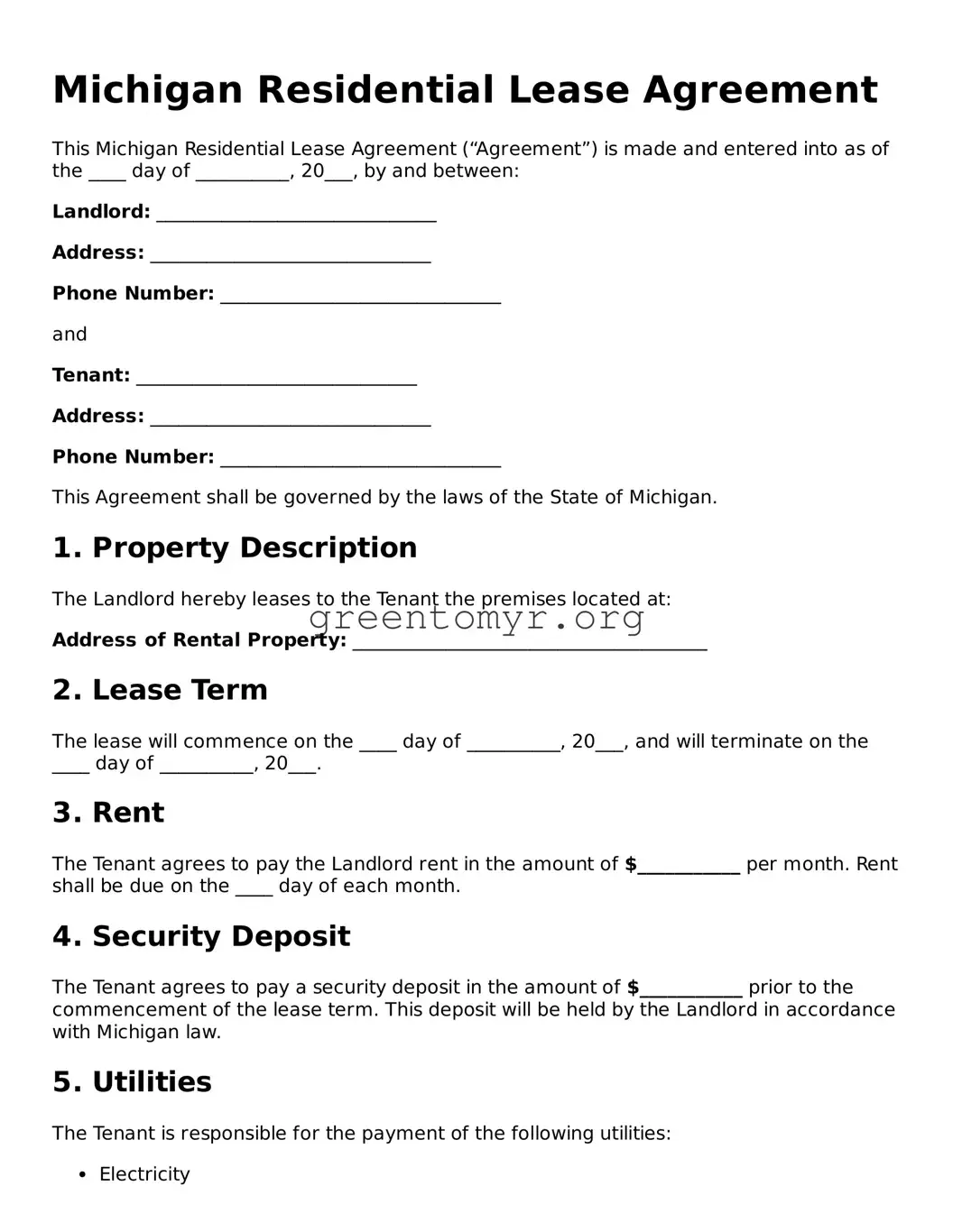 Residential Lease Agreement Form for the State of Michigan