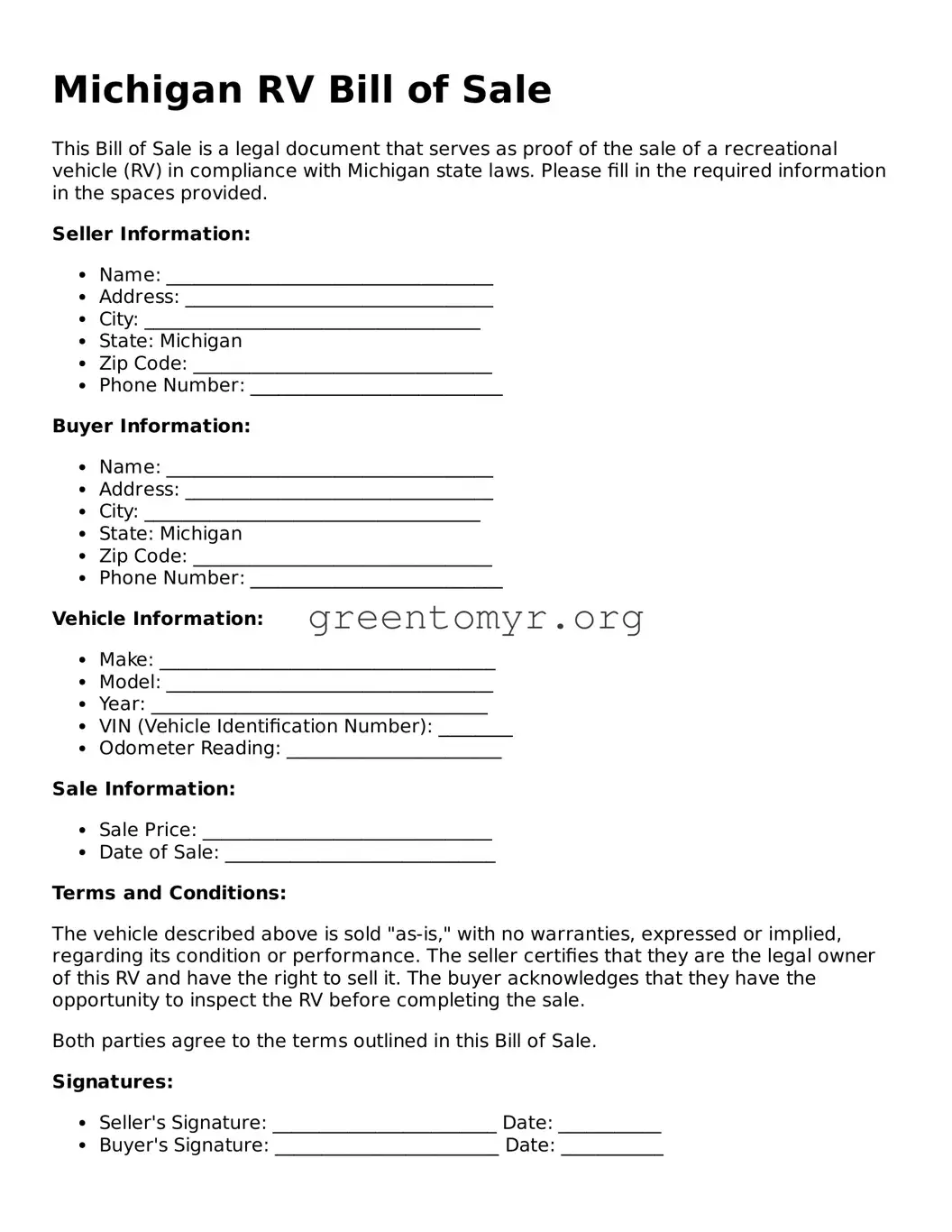 RV Bill of Sale Form for the State of Michigan
