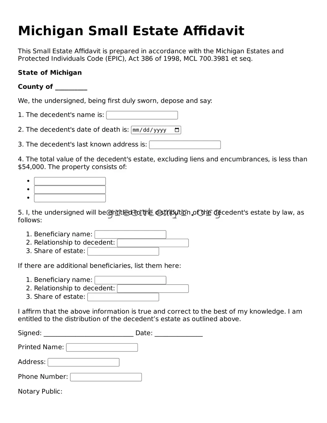 Small Estate Affidavit Form for the State of Michigan