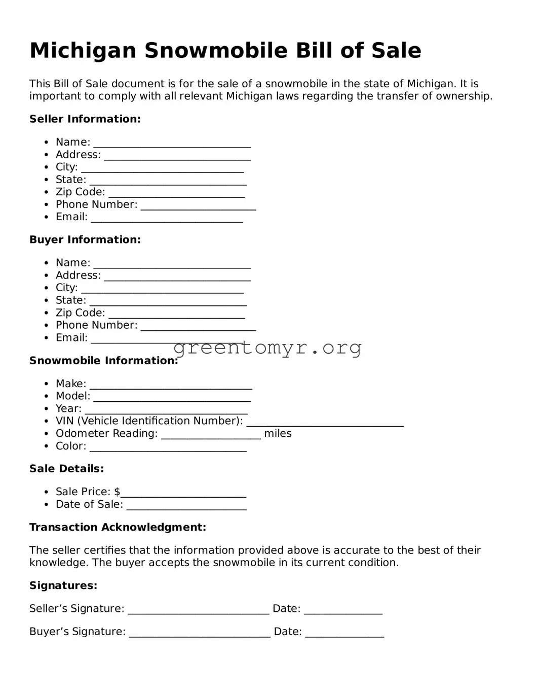 Snowmobile Bill of Sale Form for the State of Michigan
