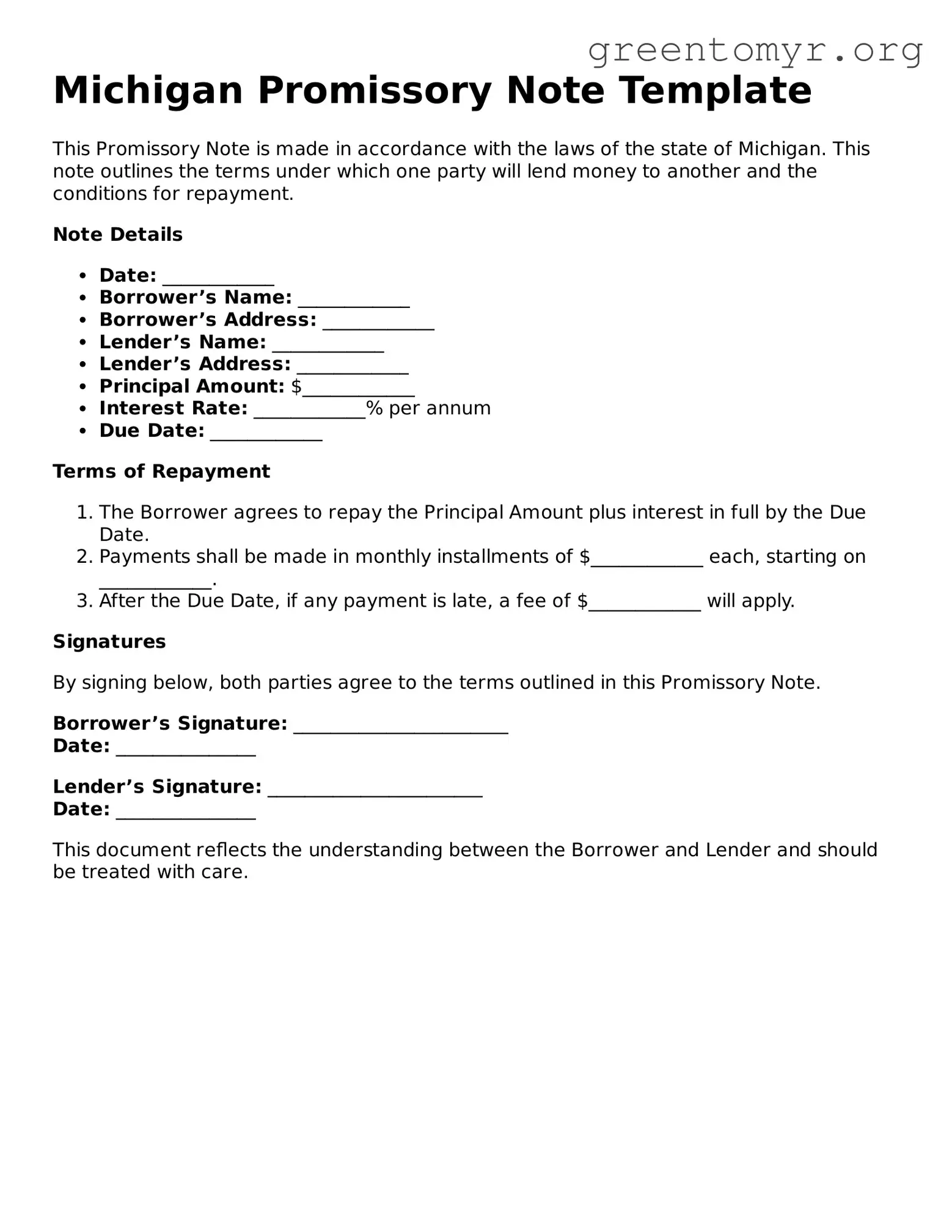 Promissory Note Form for the State of Michigan