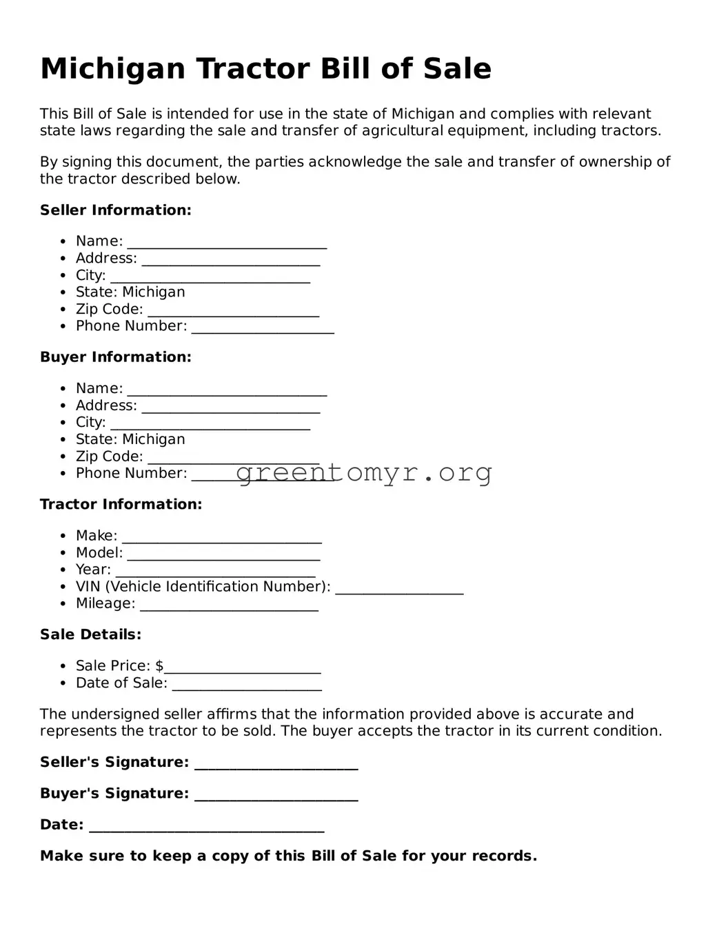 Tractor Bill of Sale Form for the State of Michigan