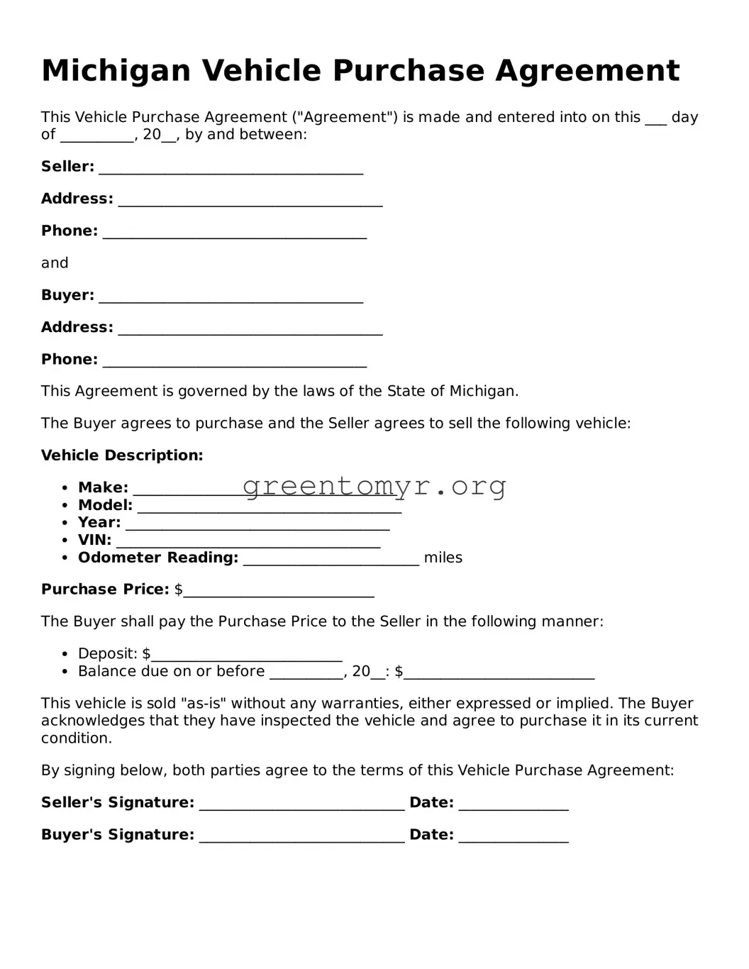 Vehicle Purchase Agreement Form for the State of Michigan