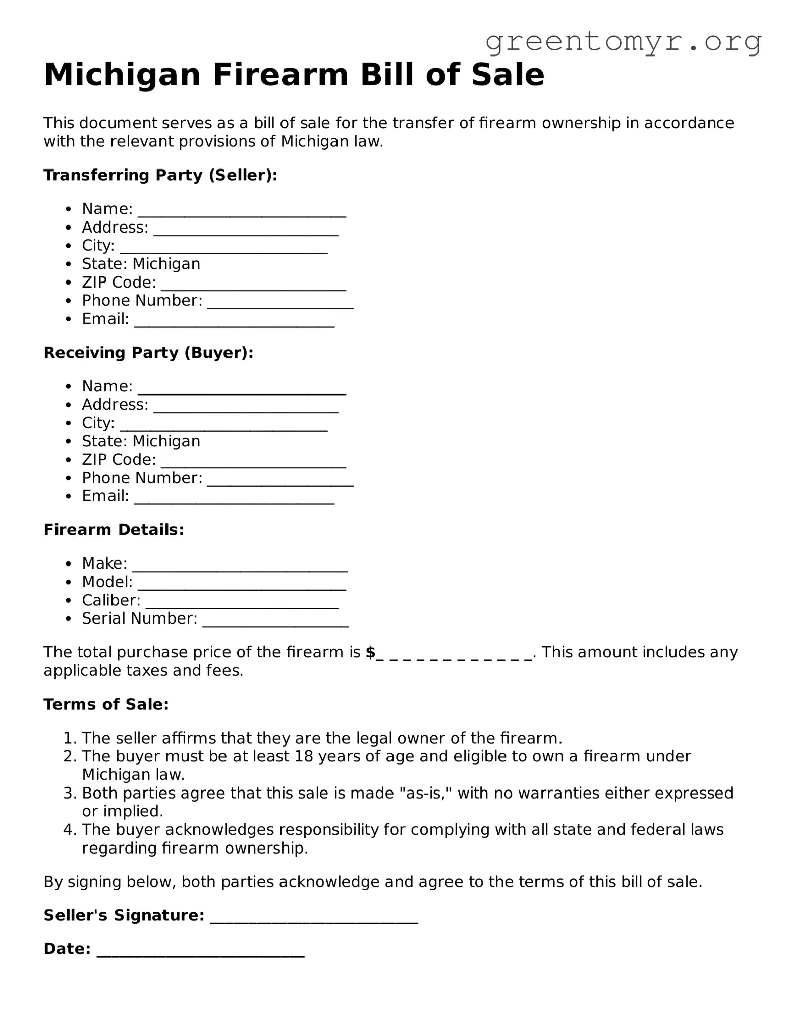 Firearm Bill of Sale Form for the State of Michigan