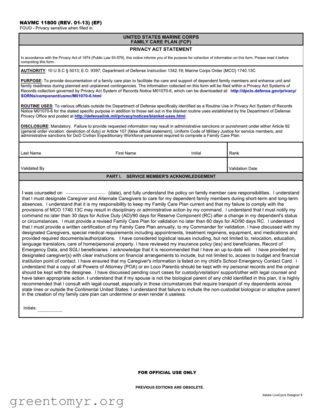 Fill in a Valid Navmc 11800 Template