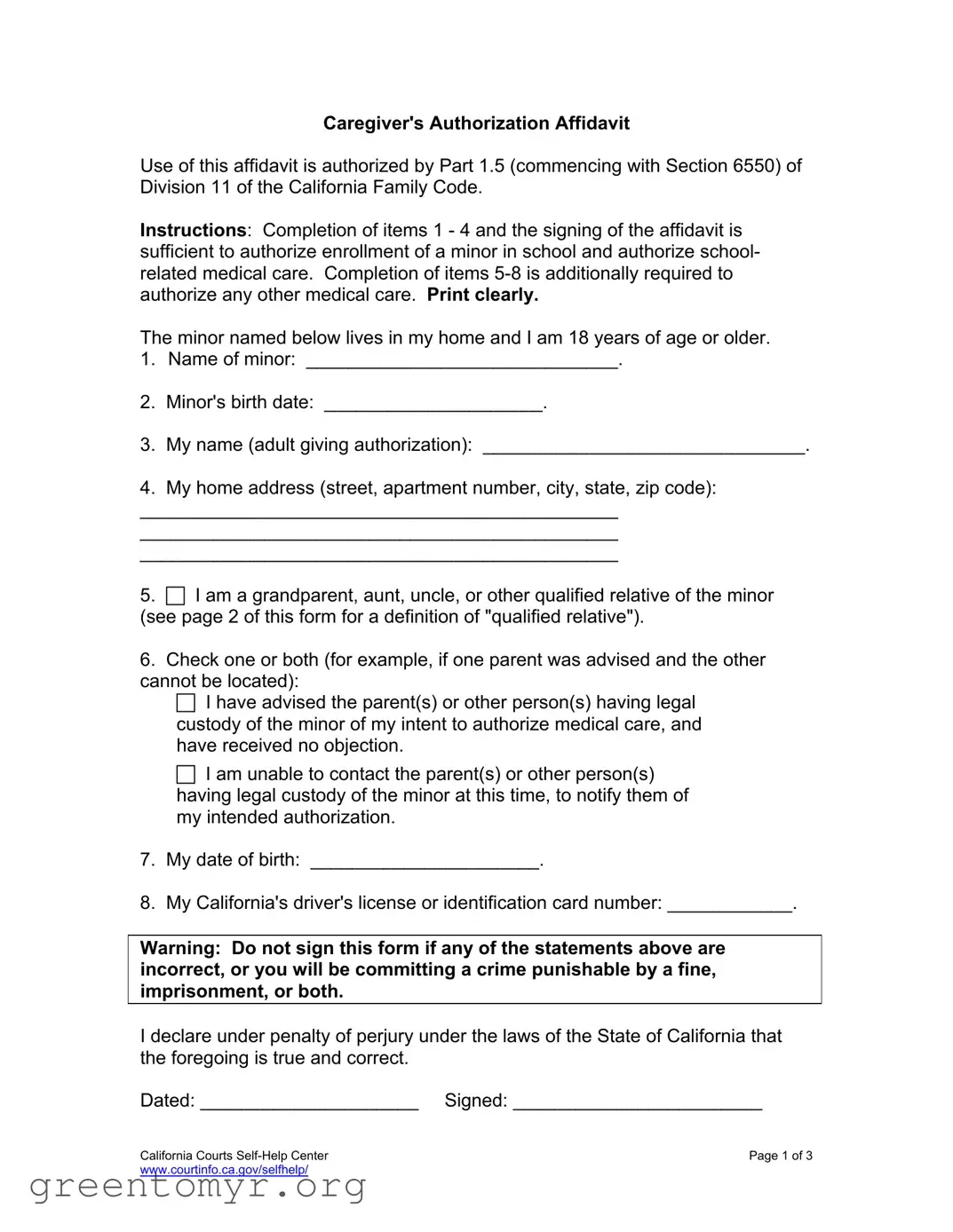 Fill in a Valid Caregivers Authorization Affidavit Template
