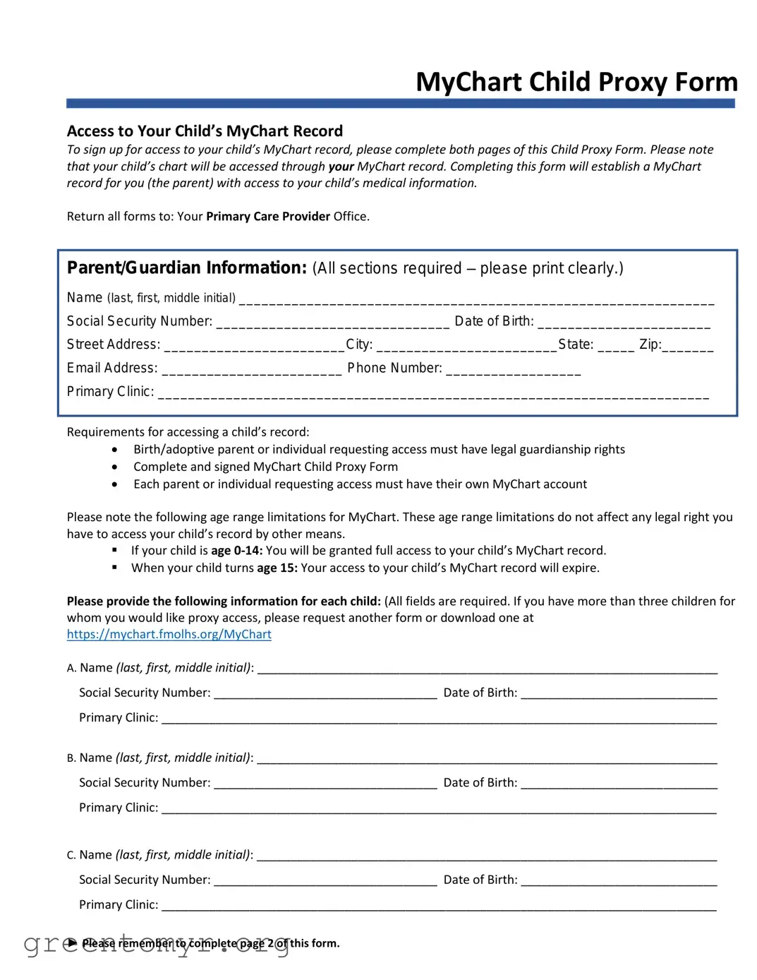 Fill in a Valid Mychart Child Proxy Template