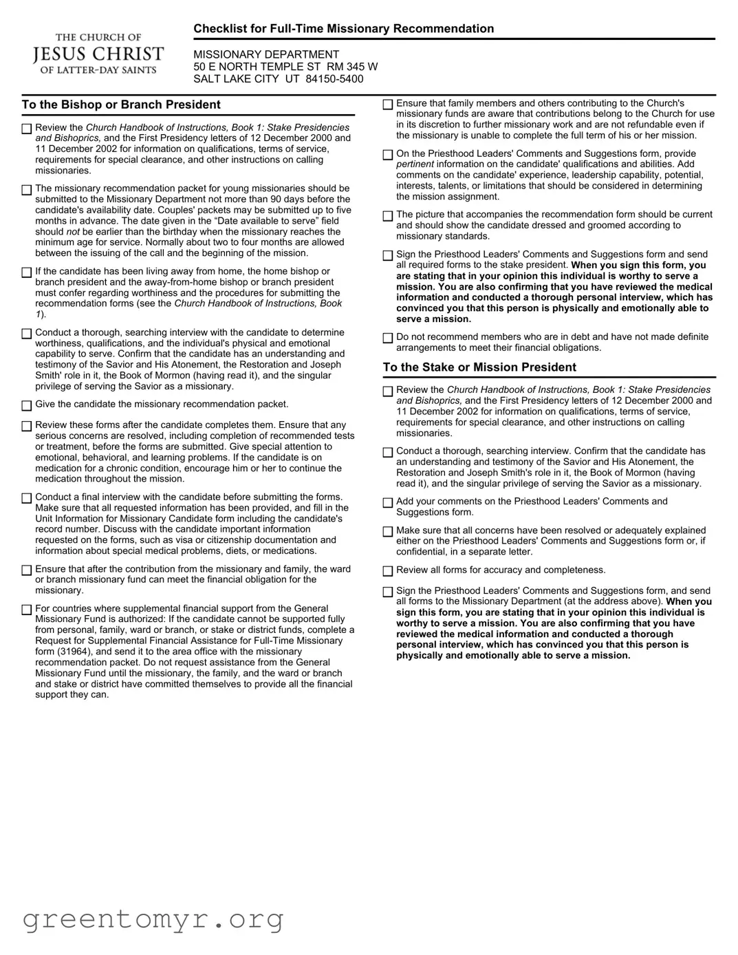 Fill in a Valid Missionary Recommendation Checklist Template