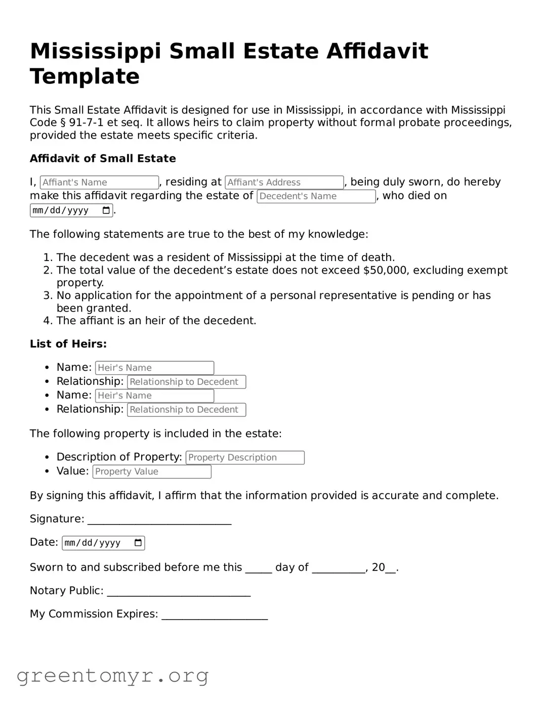 Small Estate Affidavit Form for the State of Mississippi