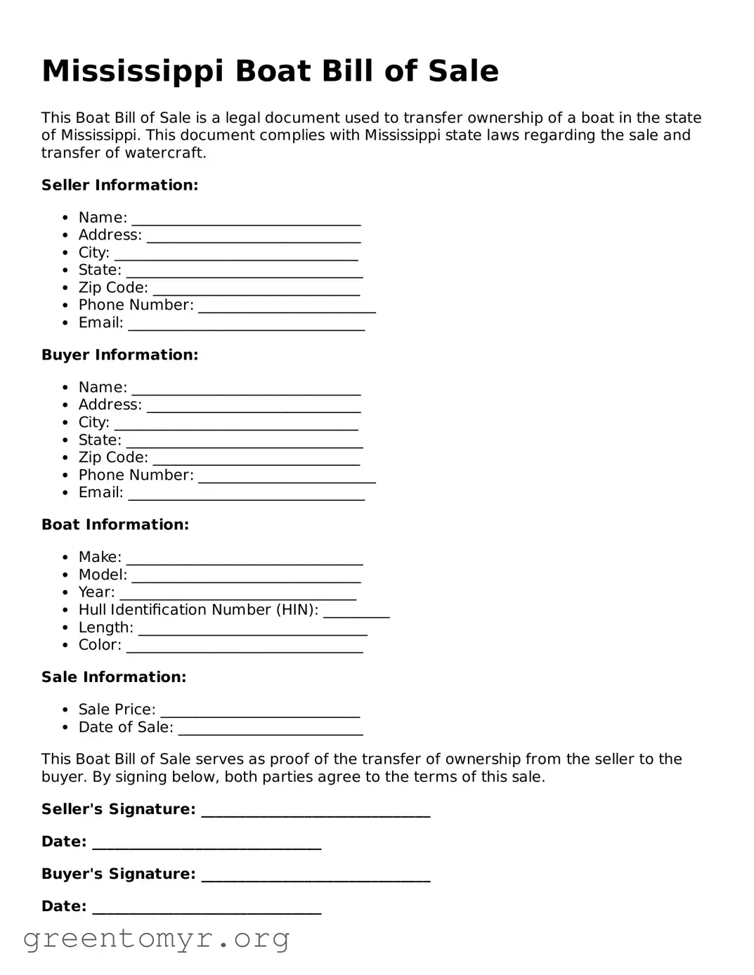 Boat Bill of Sale Form for the State of Mississippi