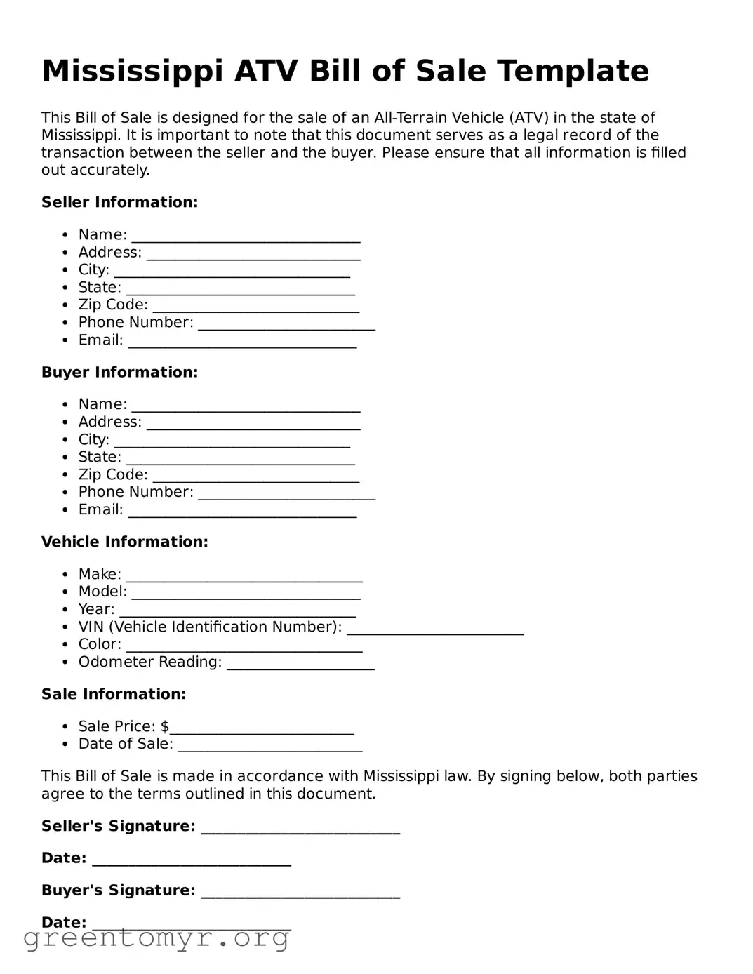 ATV Bill of Sale Form for the State of Mississippi