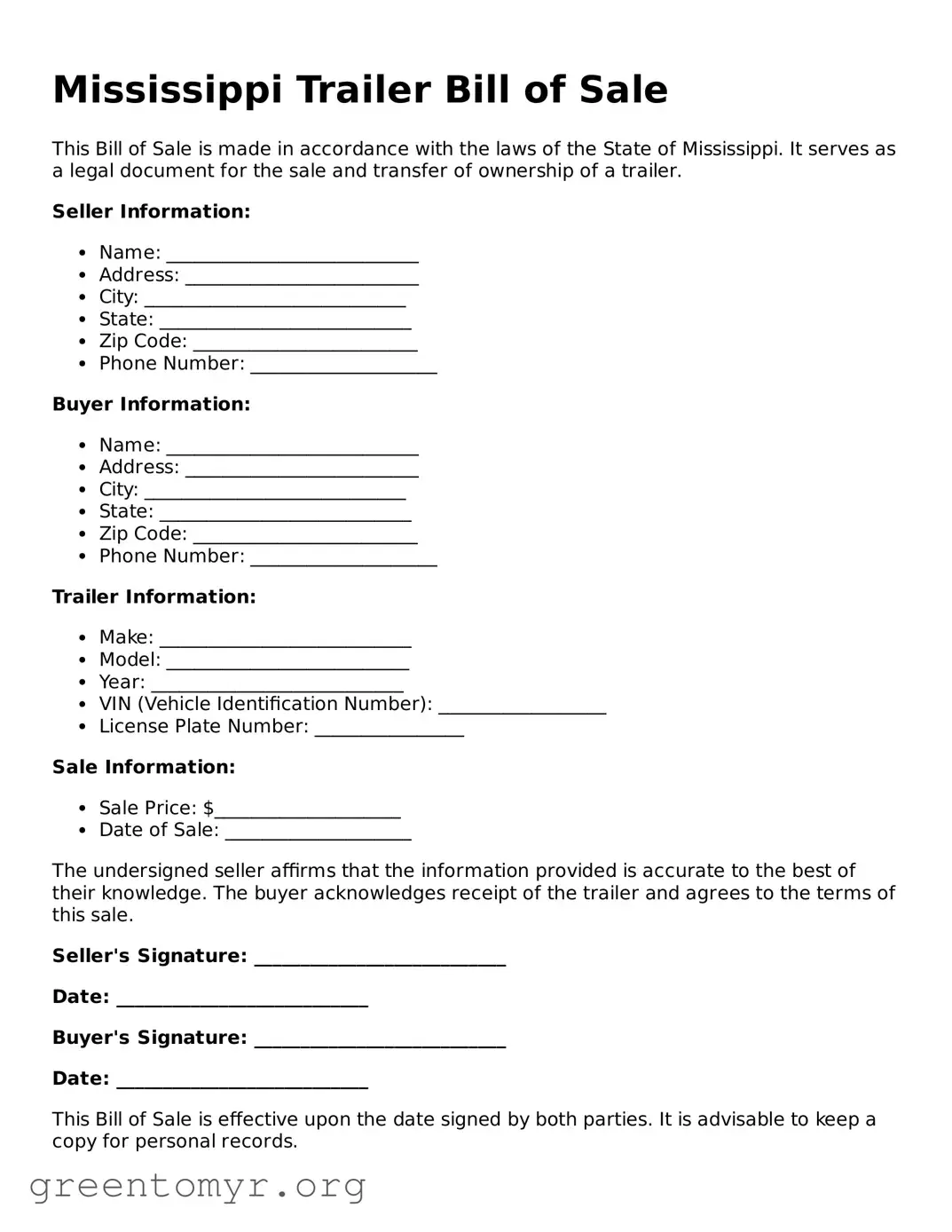 Trailer Bill of Sale Form for the State of Mississippi