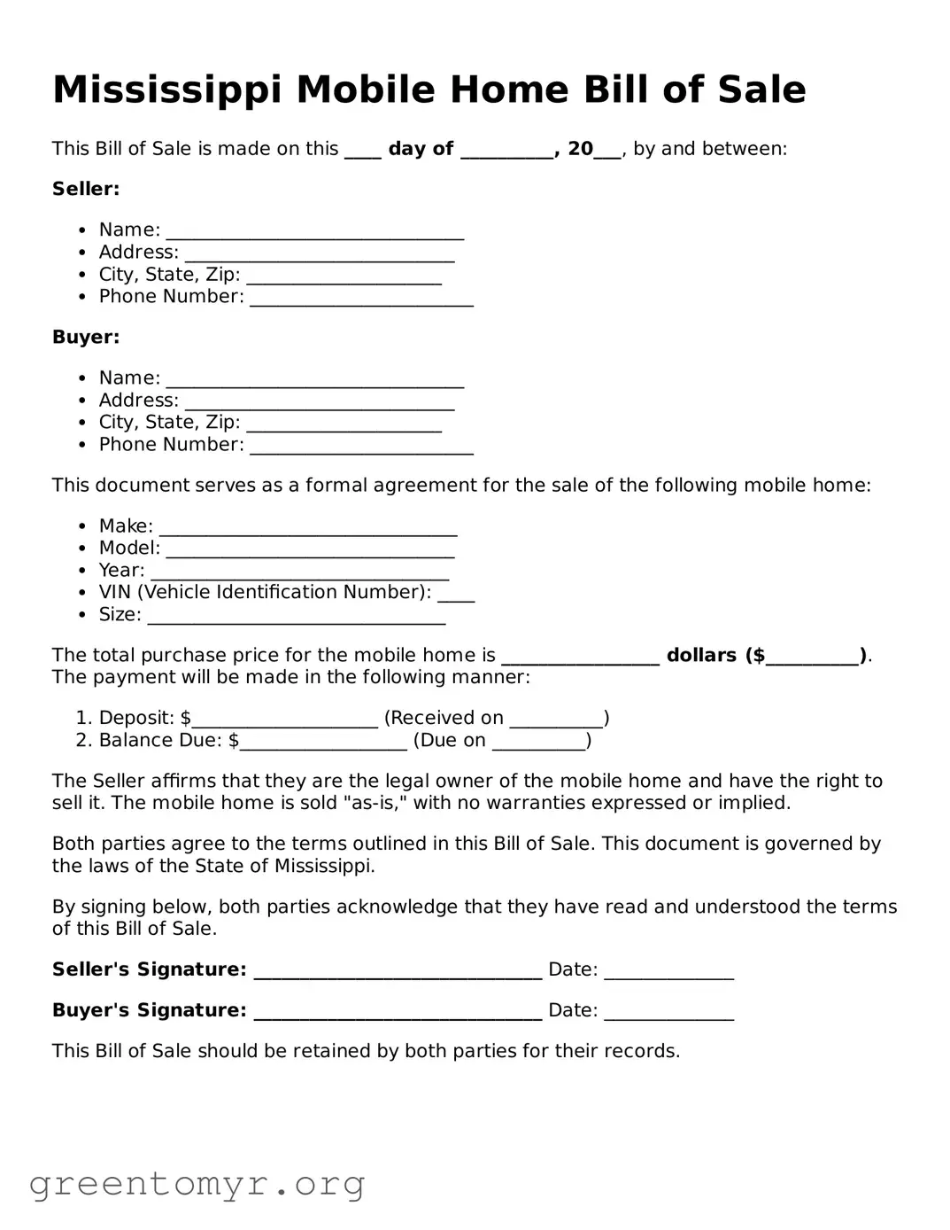 Mobile Home Bill of Sale Form for the State of Mississippi