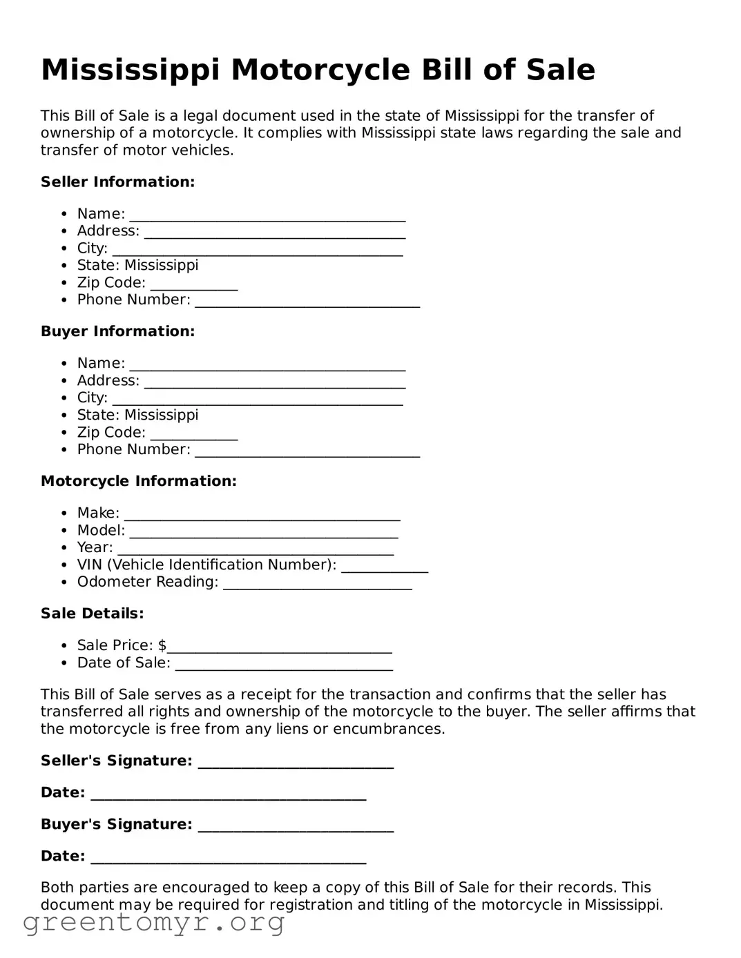 Motorcycle Bill of Sale Form for the State of Mississippi