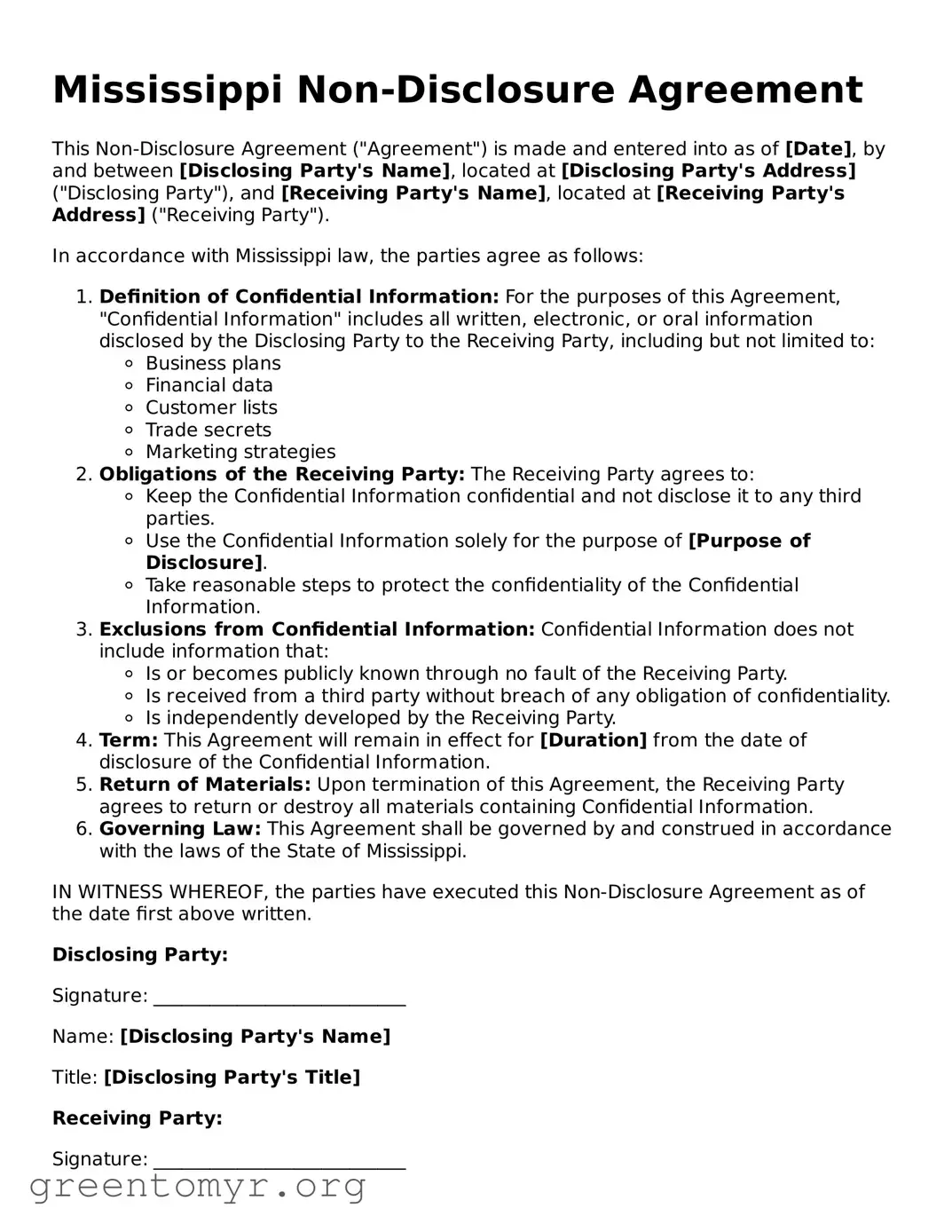 Non-disclosure Agreement Form for the State of Mississippi