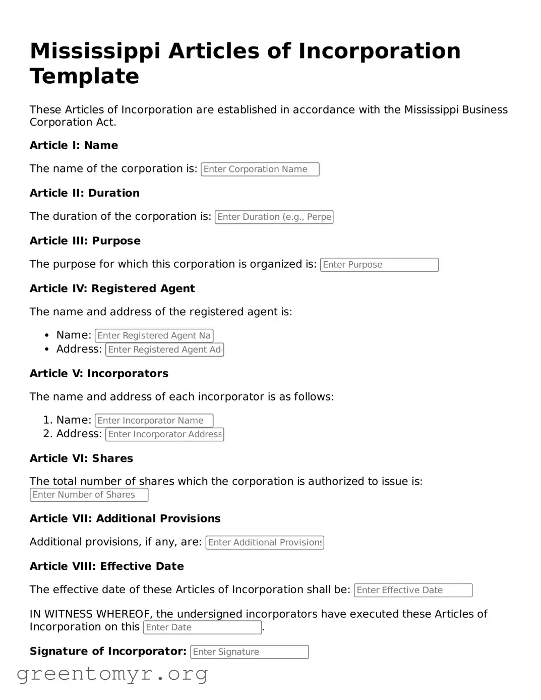 Articles of Incorporation Form for the State of Mississippi