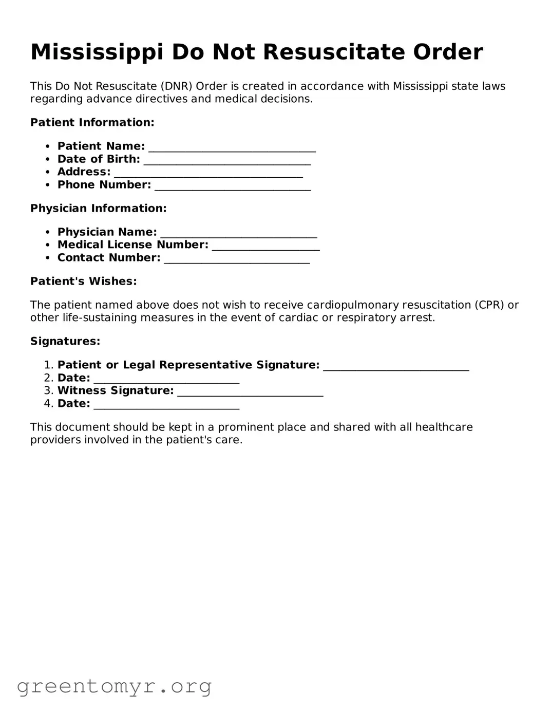Do Not Resuscitate Order Form for the State of Mississippi