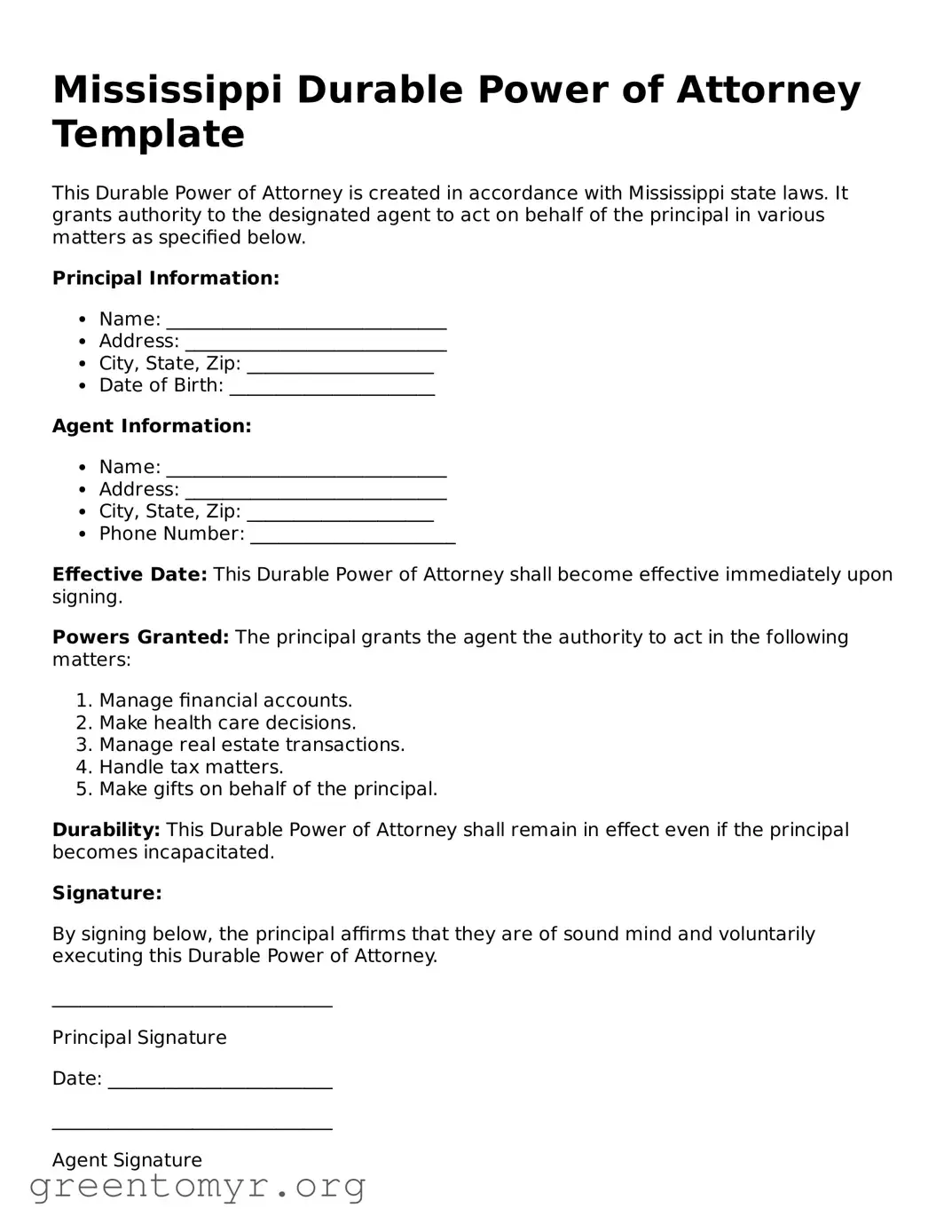Durable Power of Attorney Form for the State of Mississippi