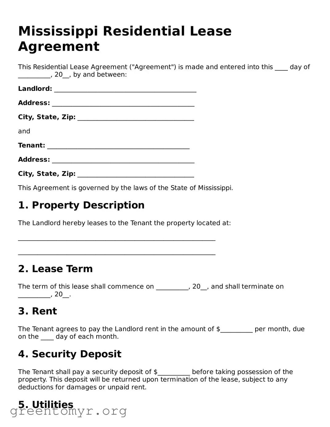 Residential Lease Agreement Form for the State of Mississippi