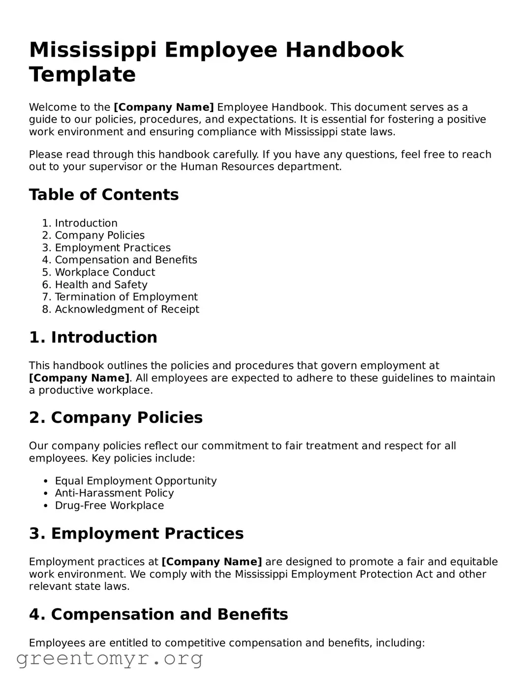 Employee Handbook Form for the State of Mississippi