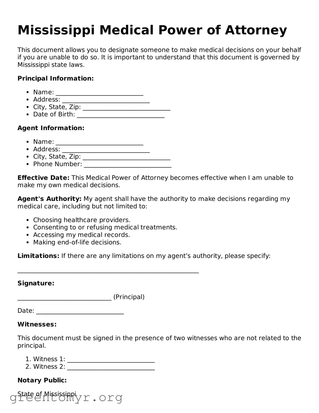 Medical Power of Attorney Form for the State of Mississippi