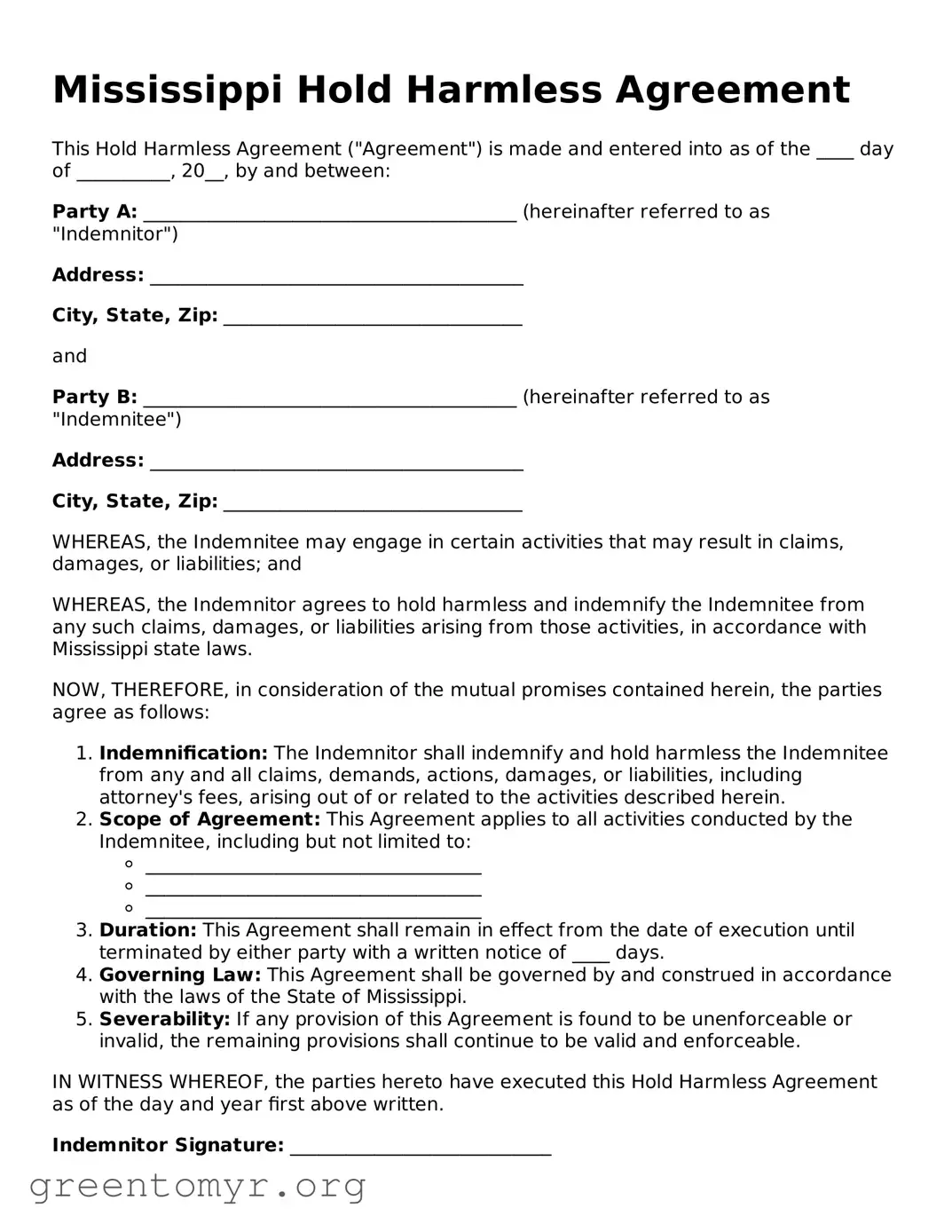 Hold Harmless Agreement Form for the State of Mississippi