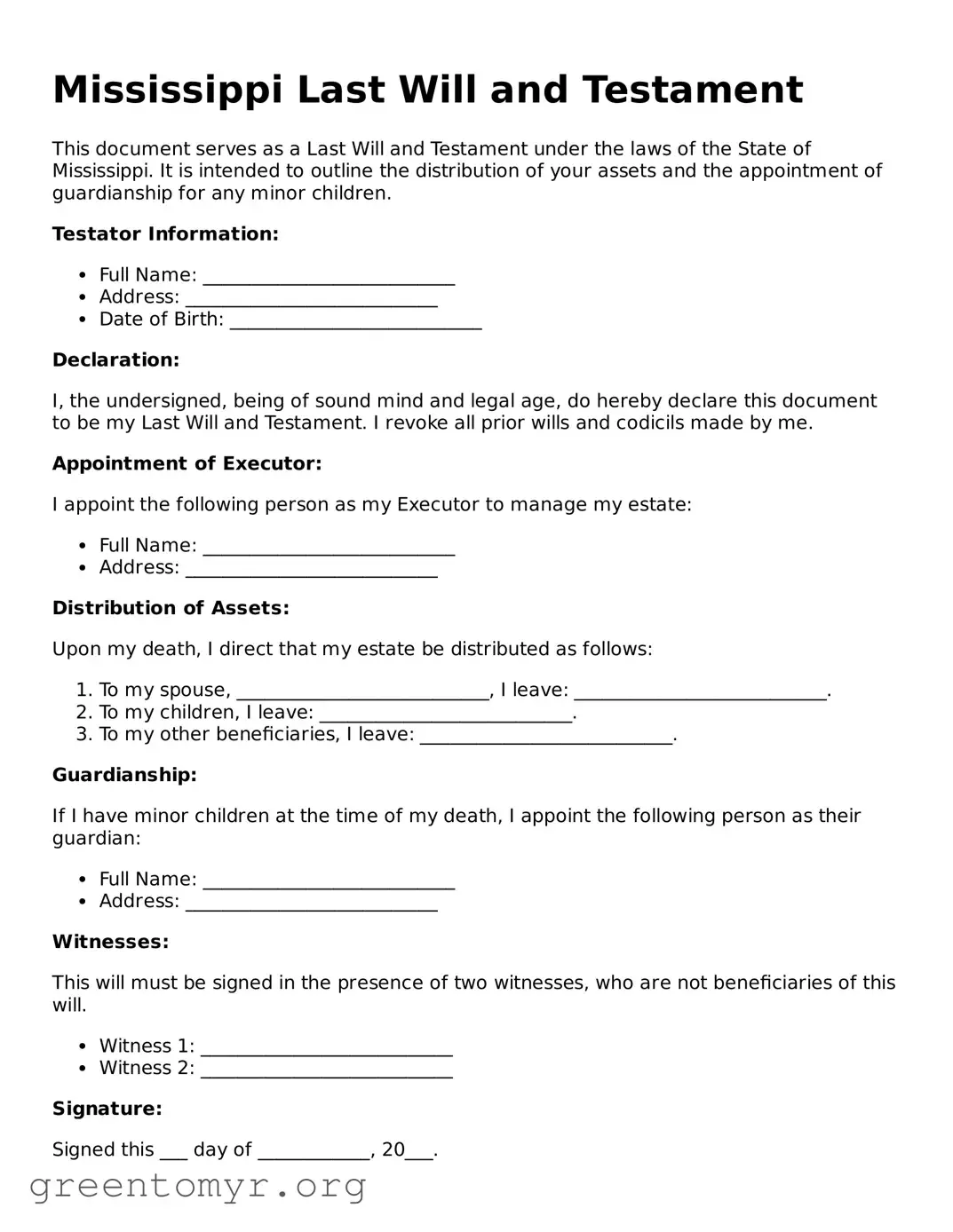Last Will and Testament Form for the State of Mississippi