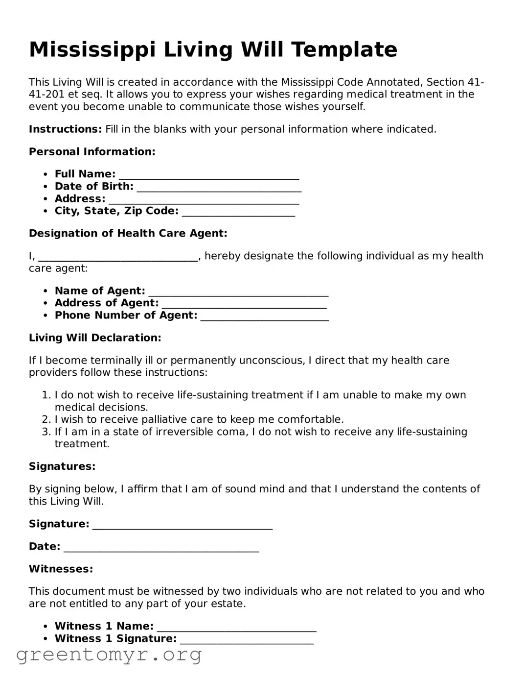 Living Will Form for the State of Mississippi